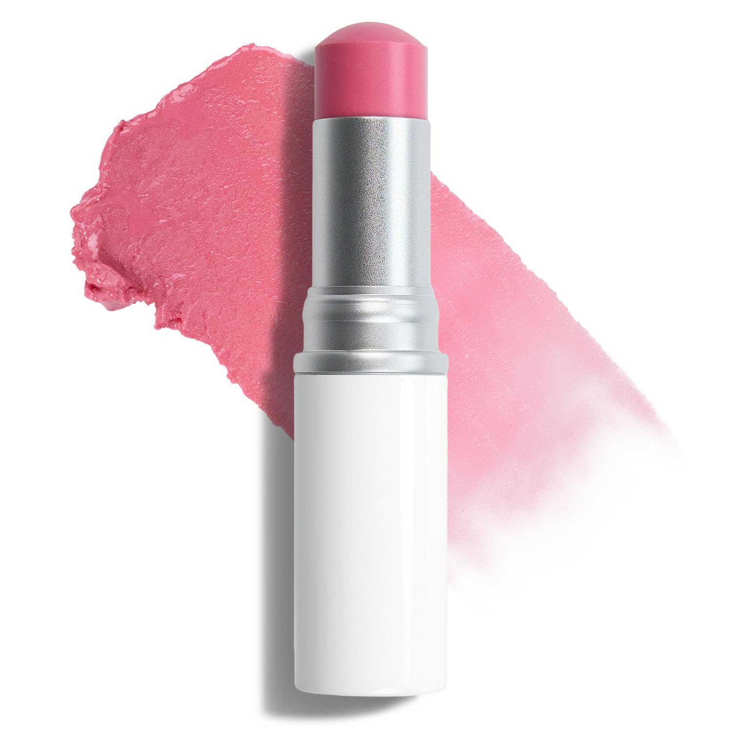 Pink lipstick with a swatch on a white background