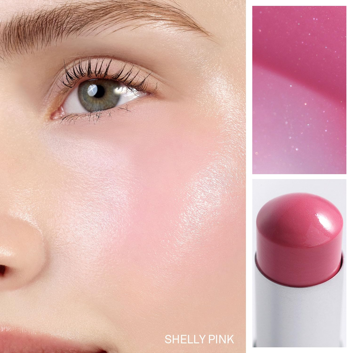 Close-up of a person's eye with a pink lip balm labeled 'Shelly Pink' on the right.