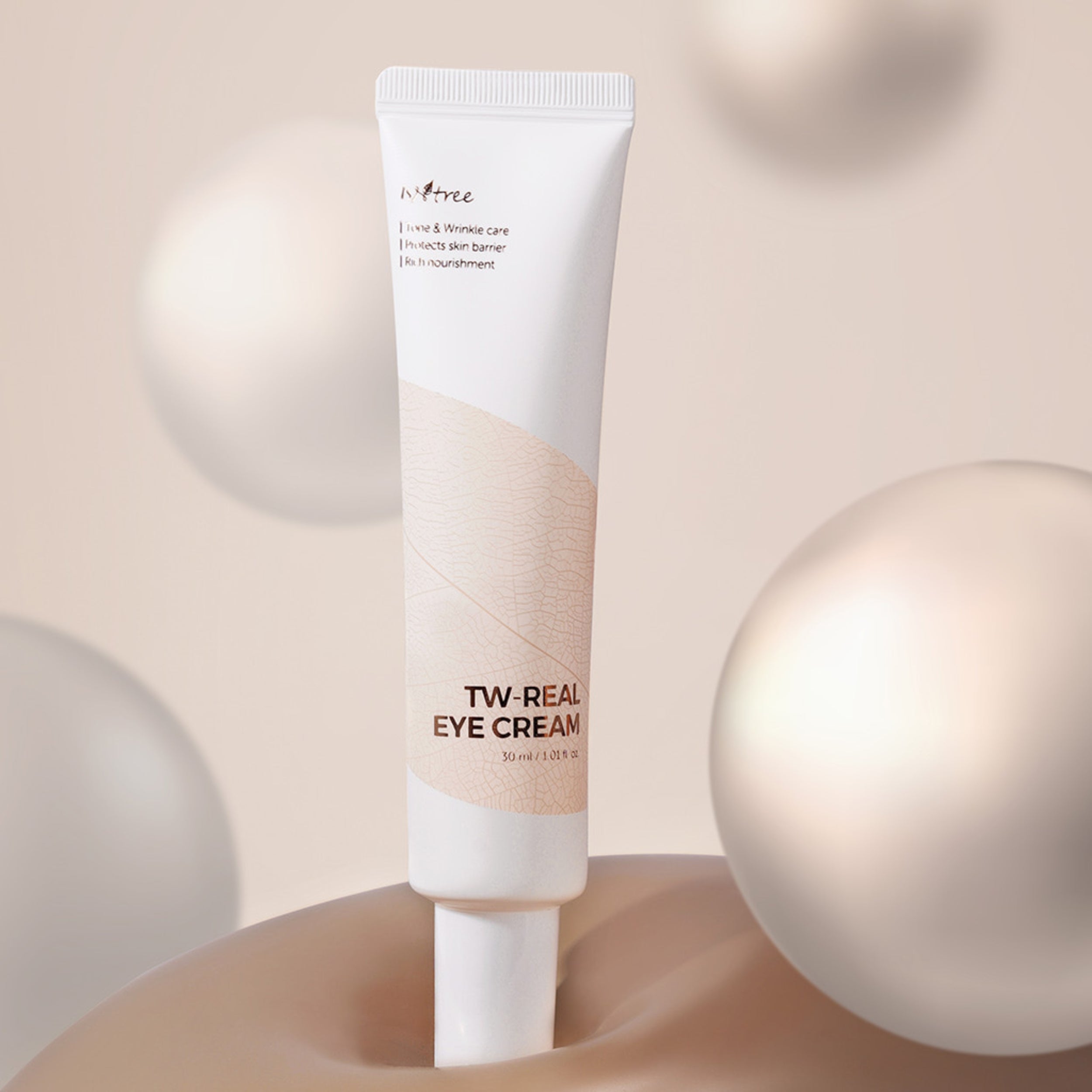 TW-Real Eye Cream tube on a beige background