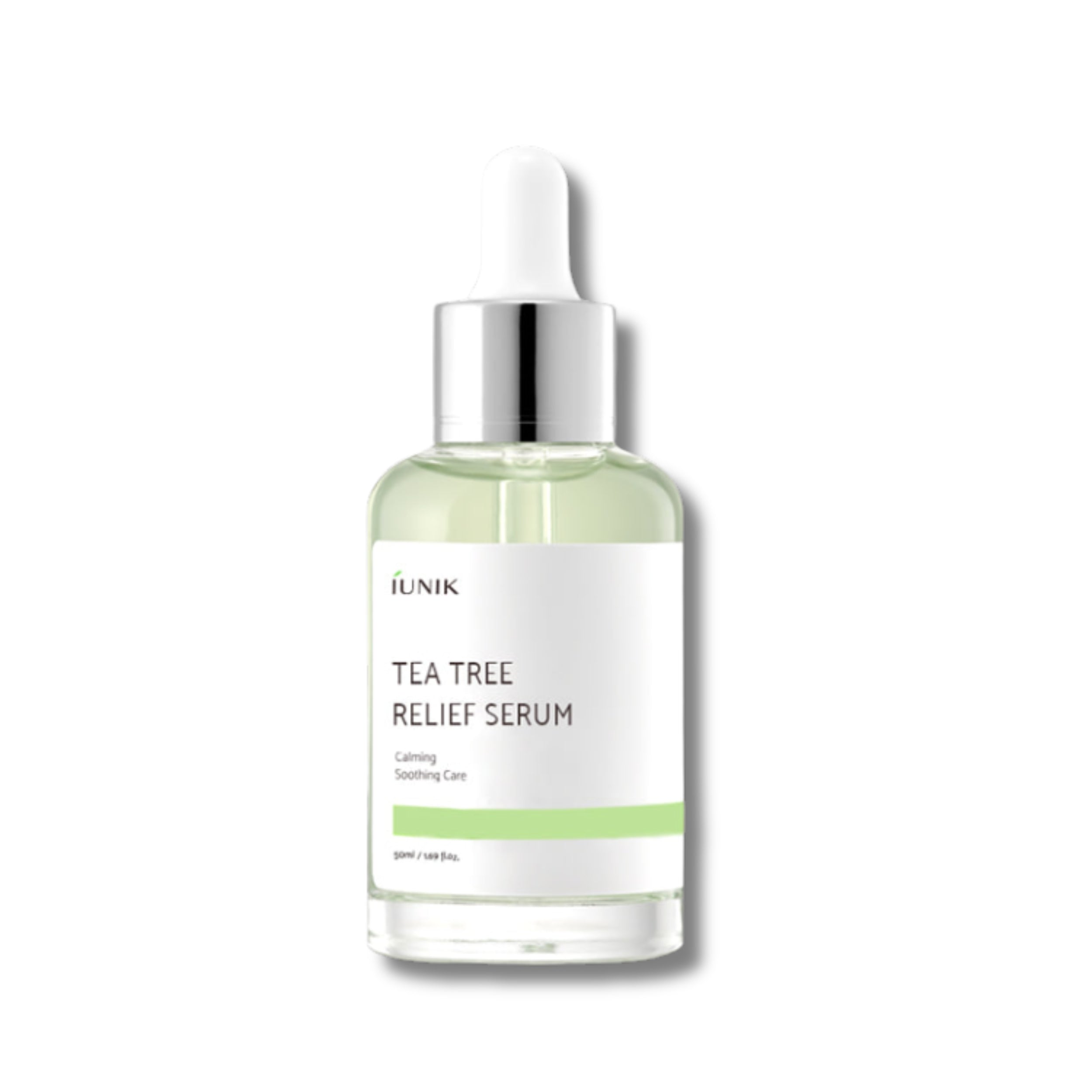 Tea tree relief serum bottle with dropper on a white background