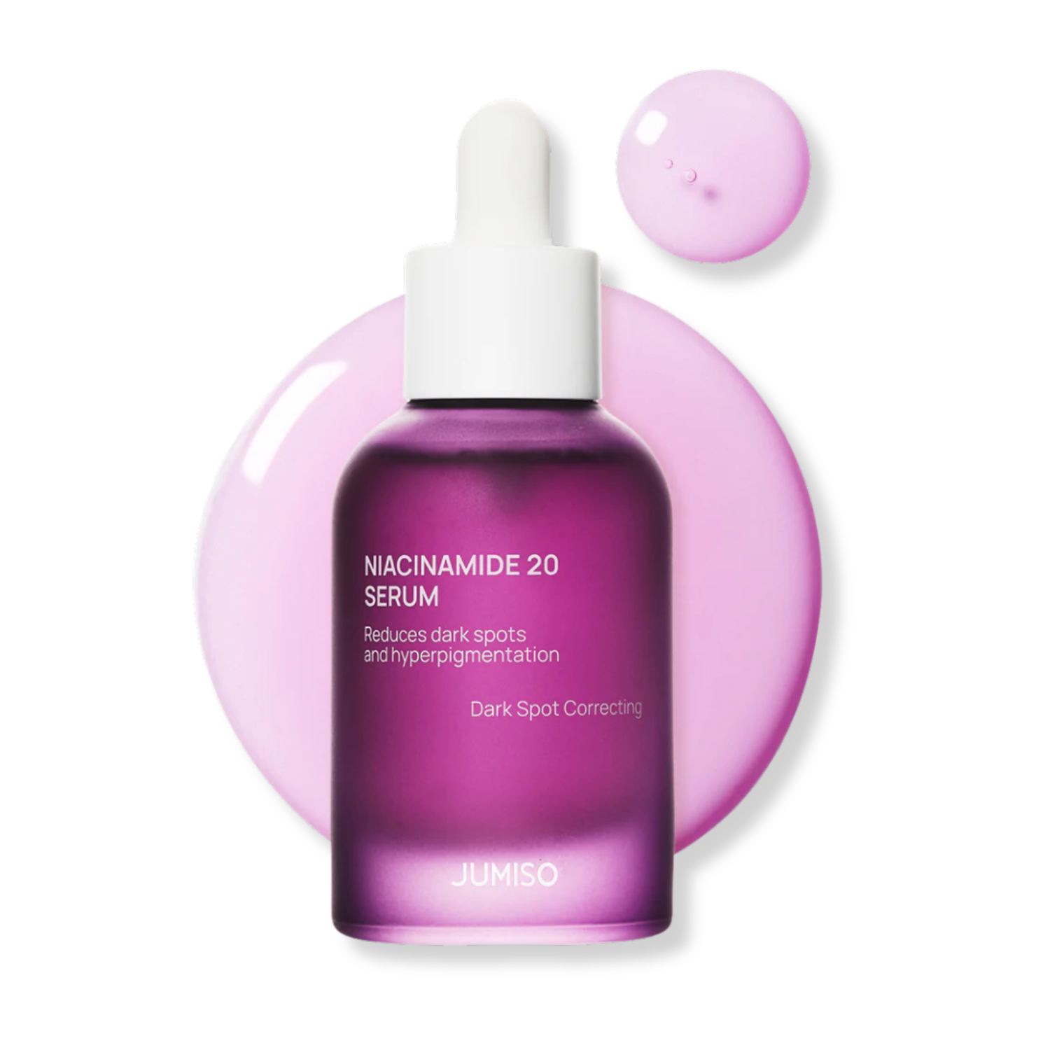 Purple serum bottle with dropper labeled 'Niacinamide 20 Serum' by Jumiso on a white background.