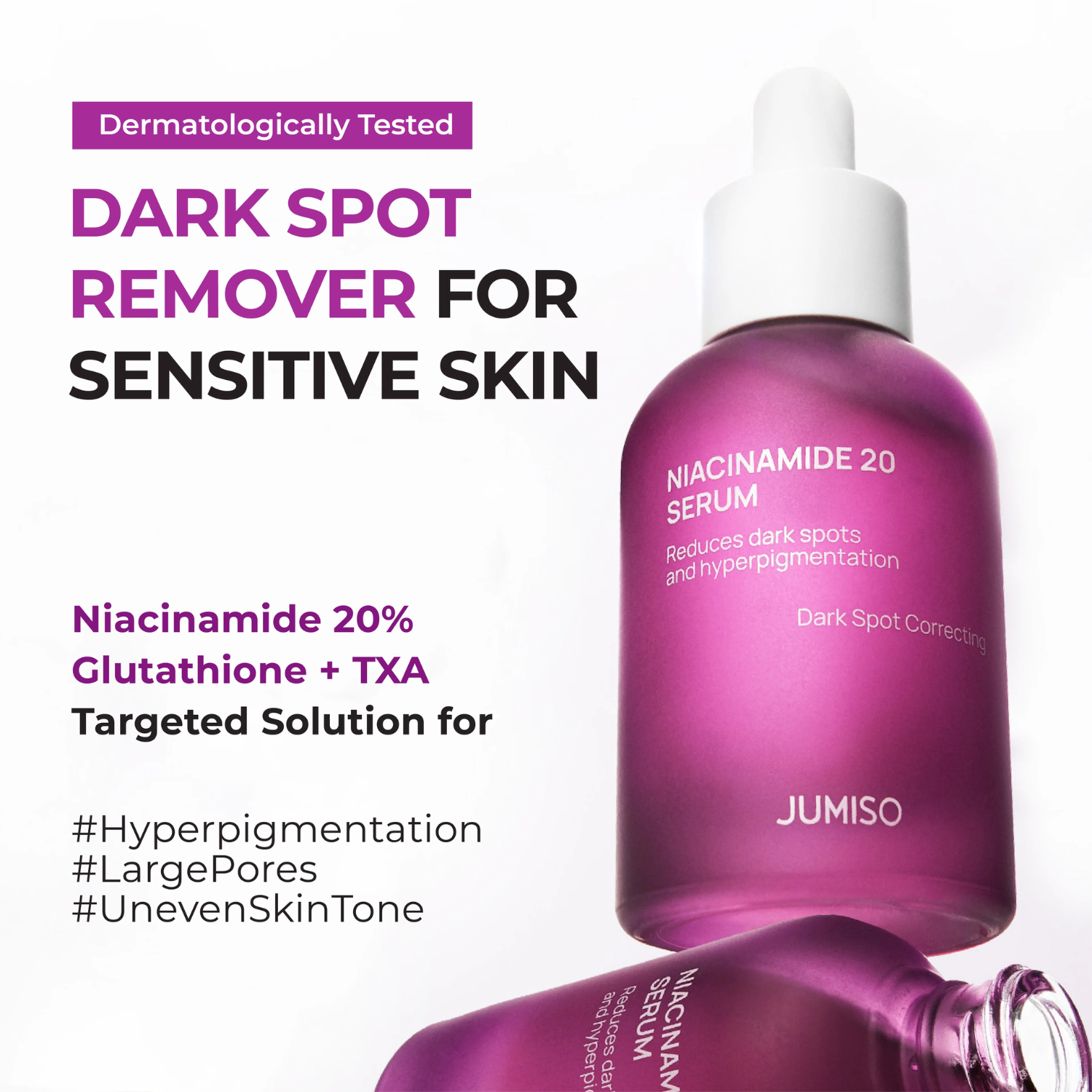 Purple serum bottle with text about dark spot remover for sensitive skin on a white background