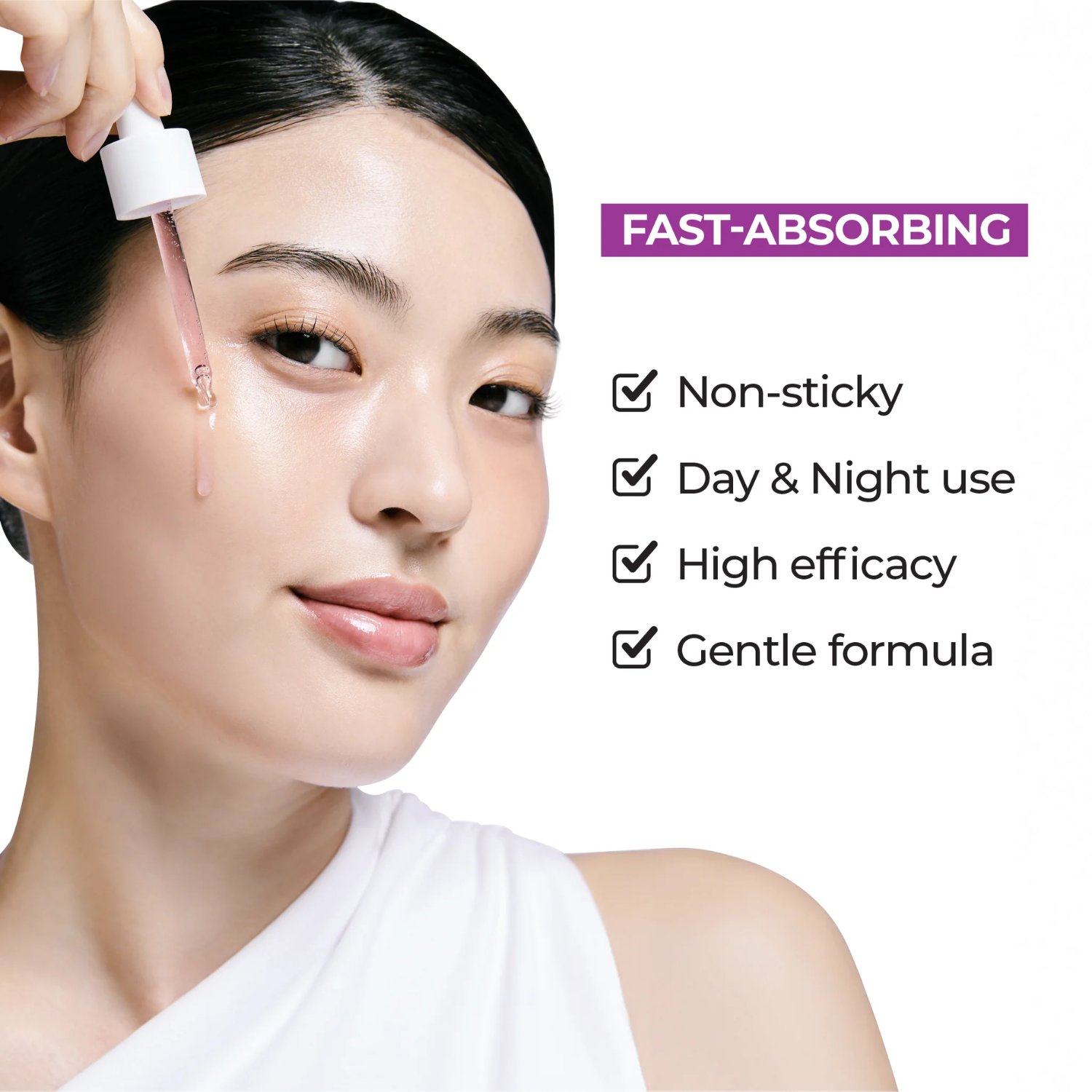 Woman applying skincare product with text highlighting features on a white background