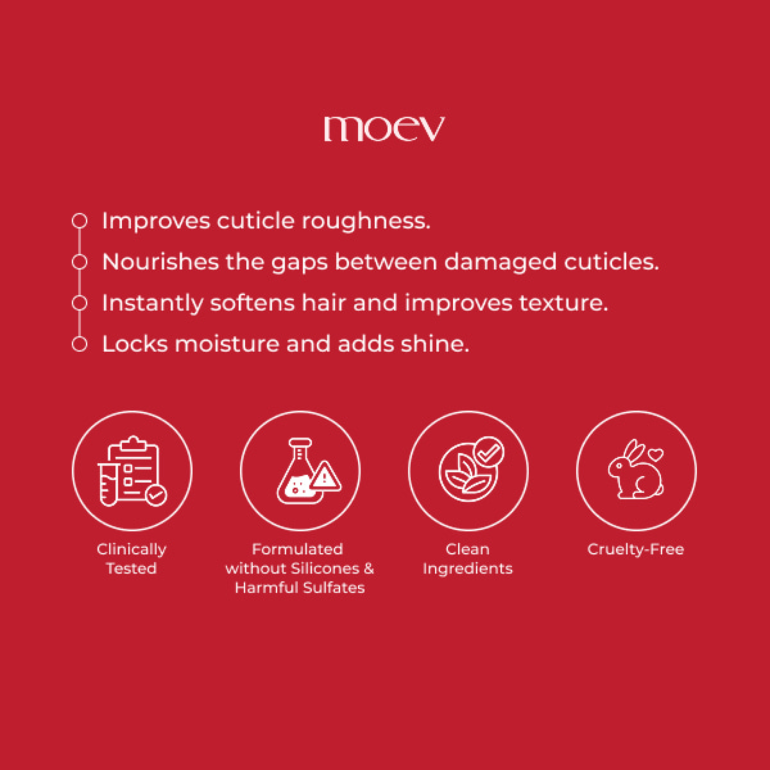 Moev product description on a red background with icons and text.