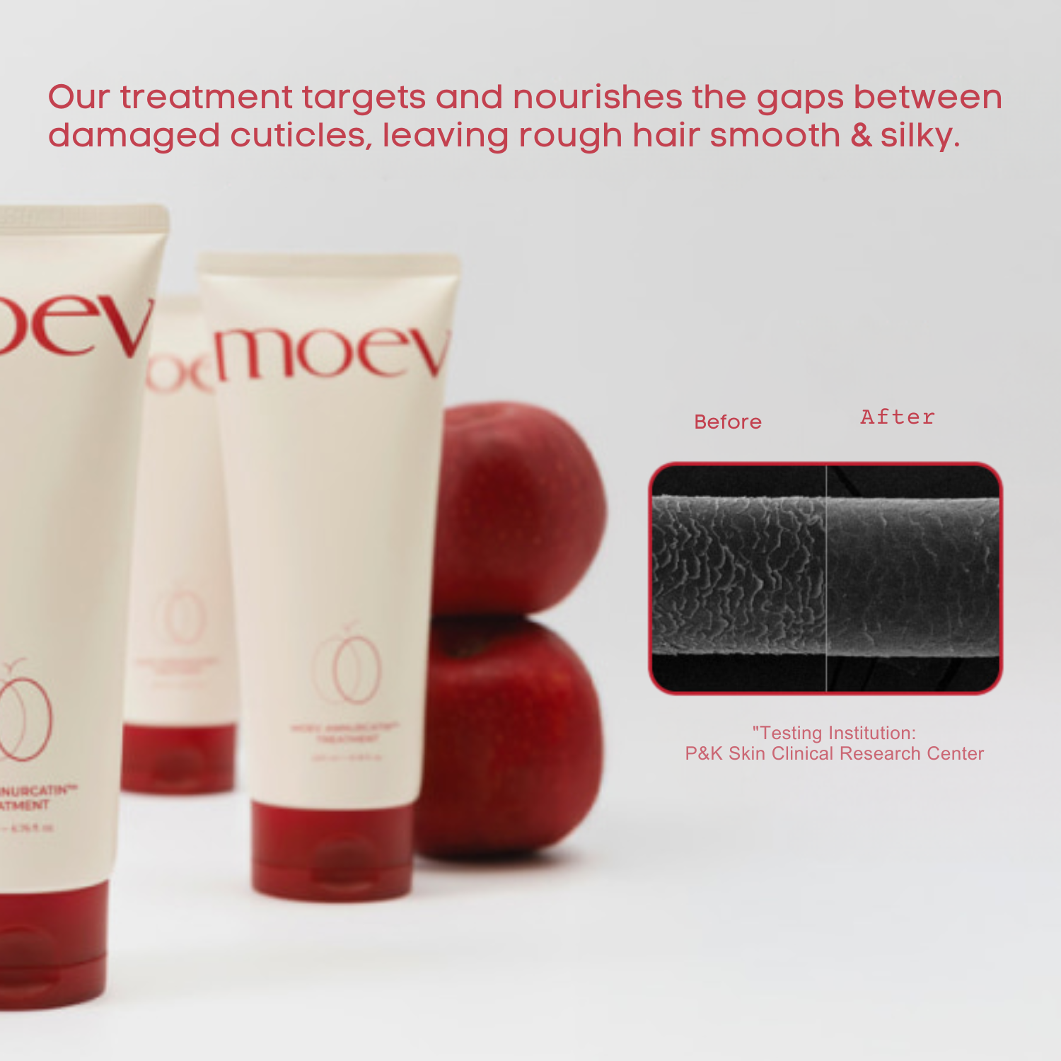 Moev hair treatment products with 'Before' and 'After' hair texture comparison on a white background.