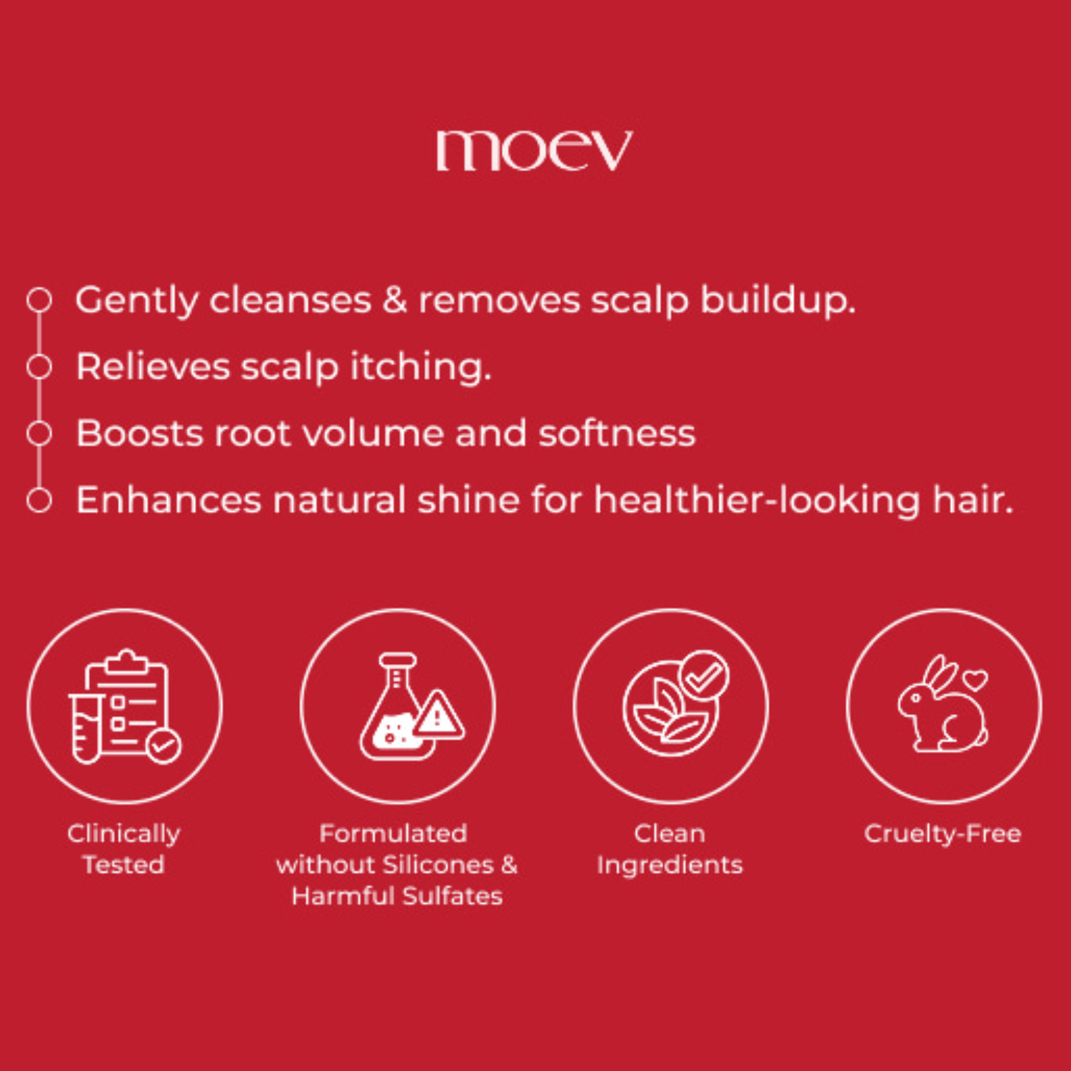 Red background with moev branding and product features listed.