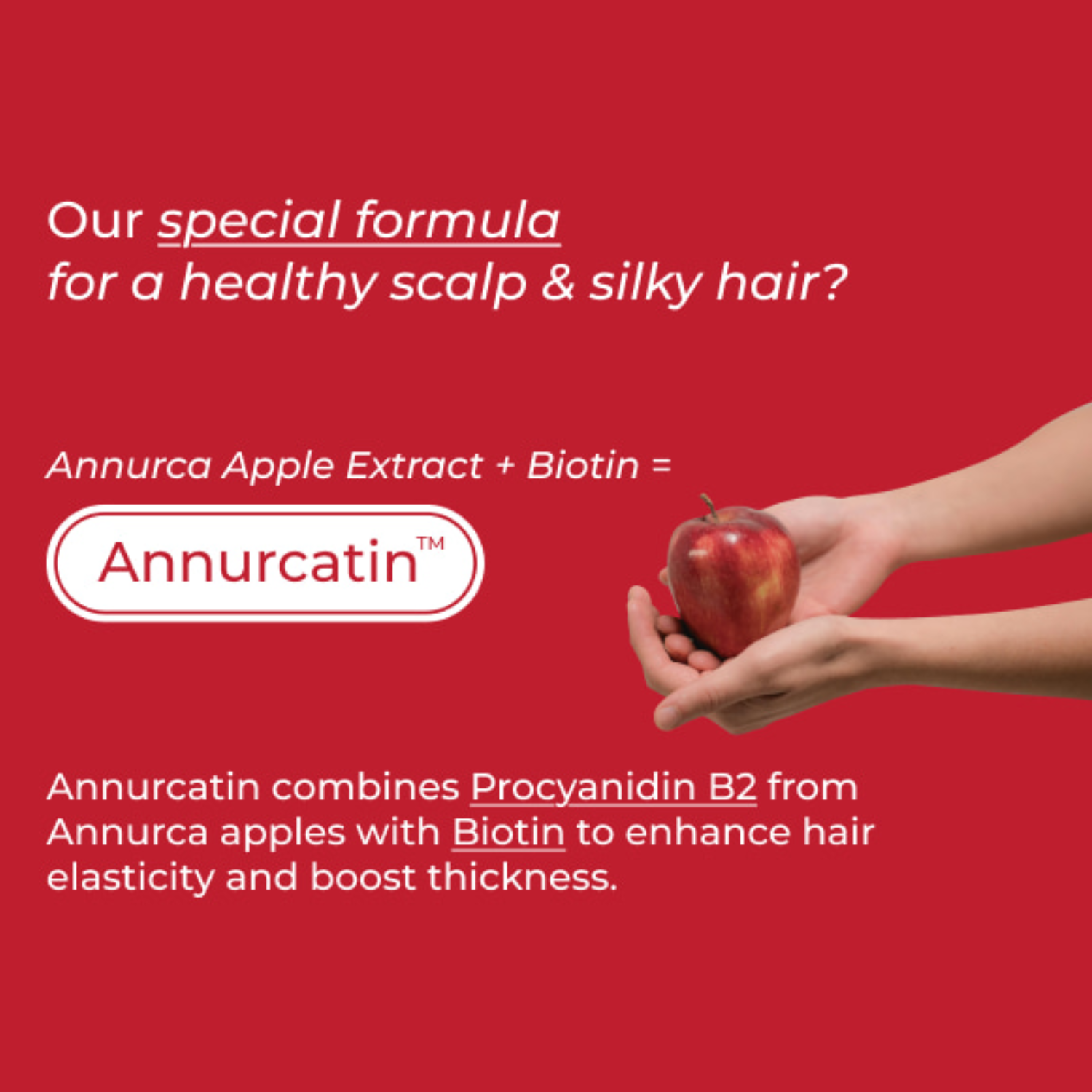 Advertisement for Annurcatin with a hand holding an apple on a red background