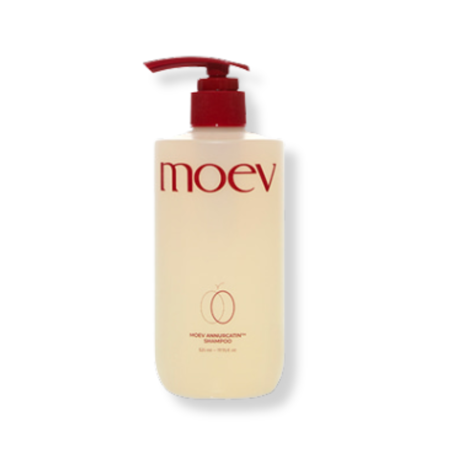 Shampoo bottle with red pump labeled 'moev' on a white background