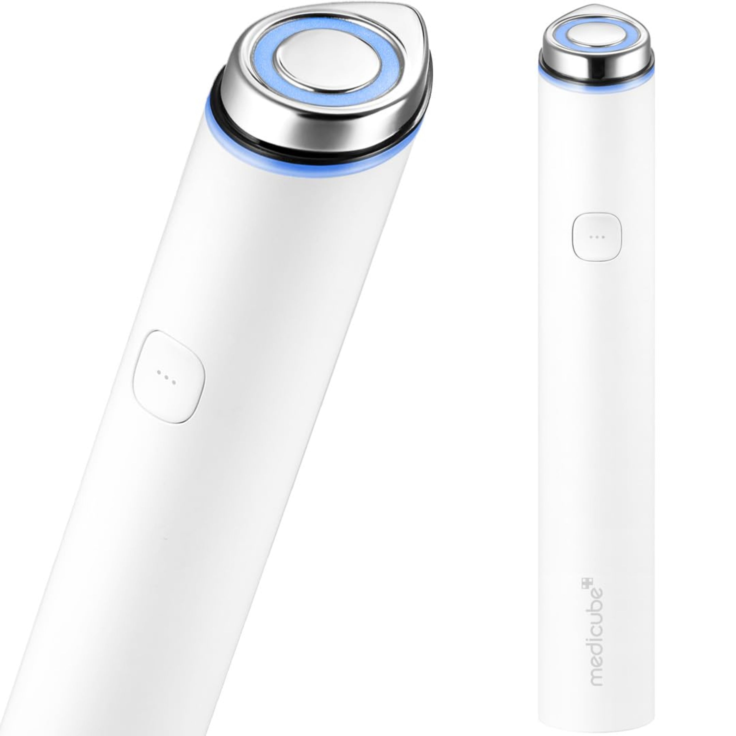 White electronic device with blue accents on a white background