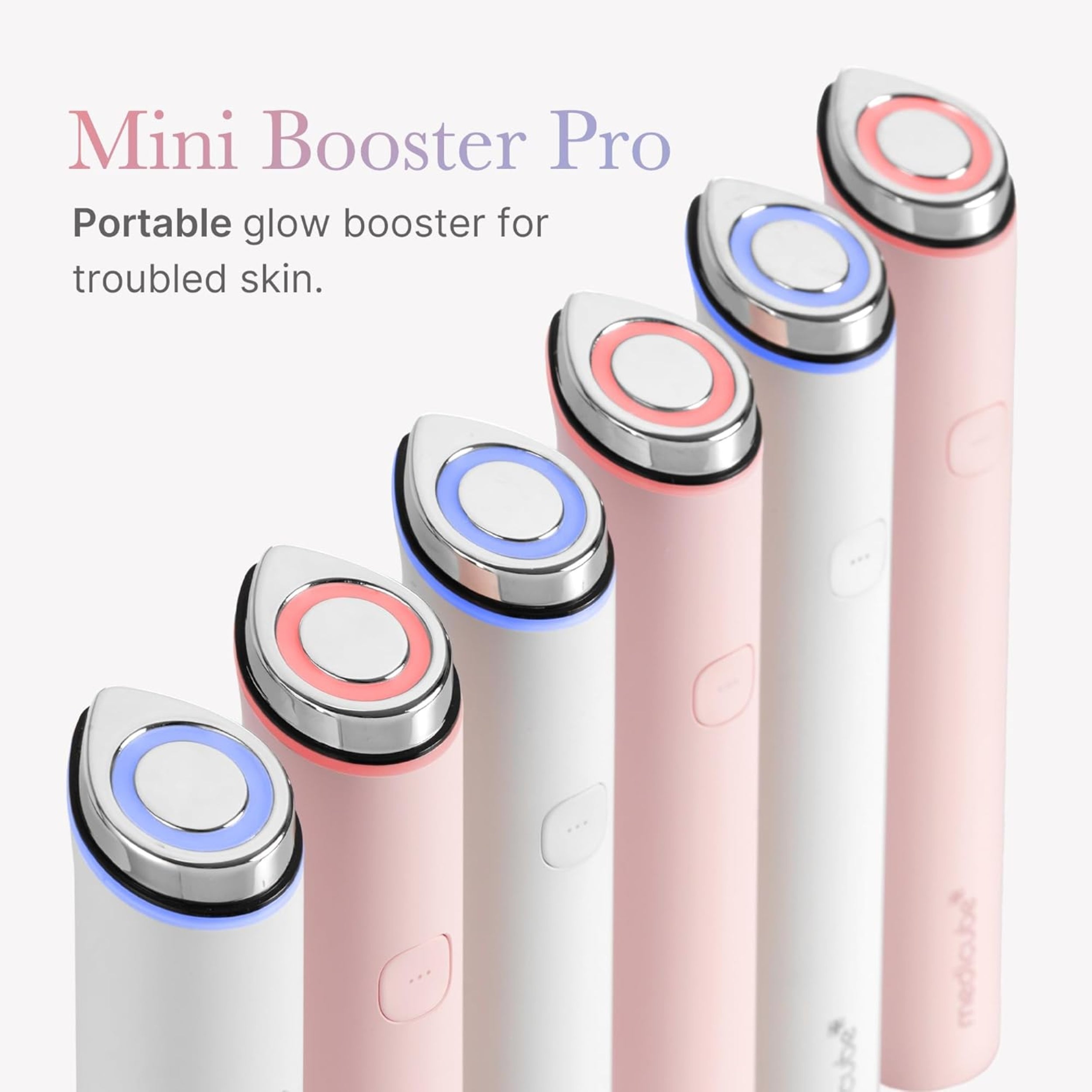 Mini Booster Pro portable device for troubled skin with multiple colors.
