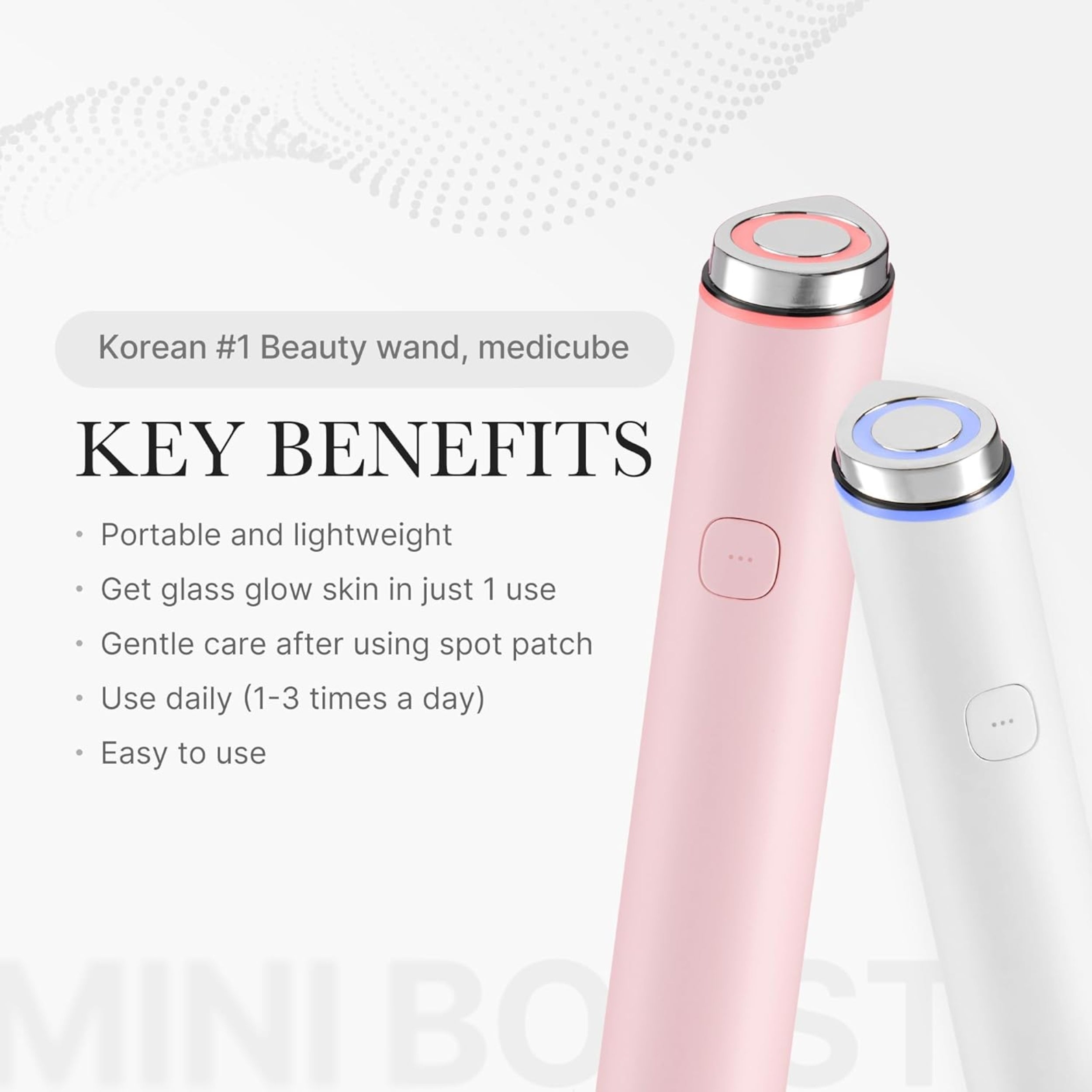 Pink beauty wand with text highlighting key benefits on a light gray background