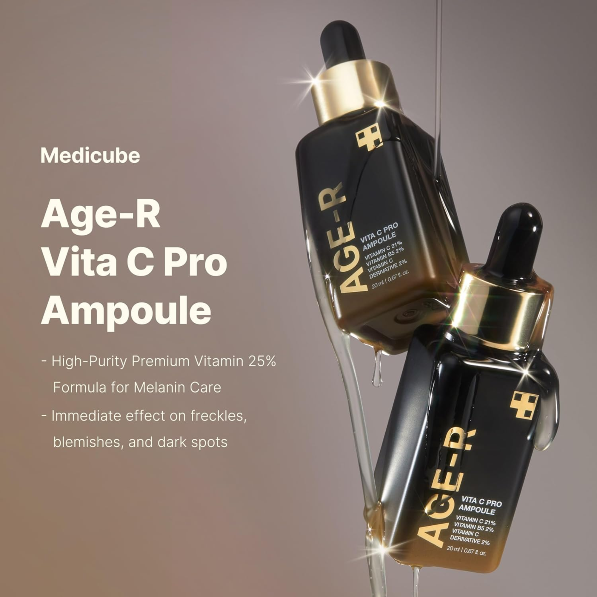 Two bottles of Medicube Age-R Vita C Pro Ampoule with a gray background
