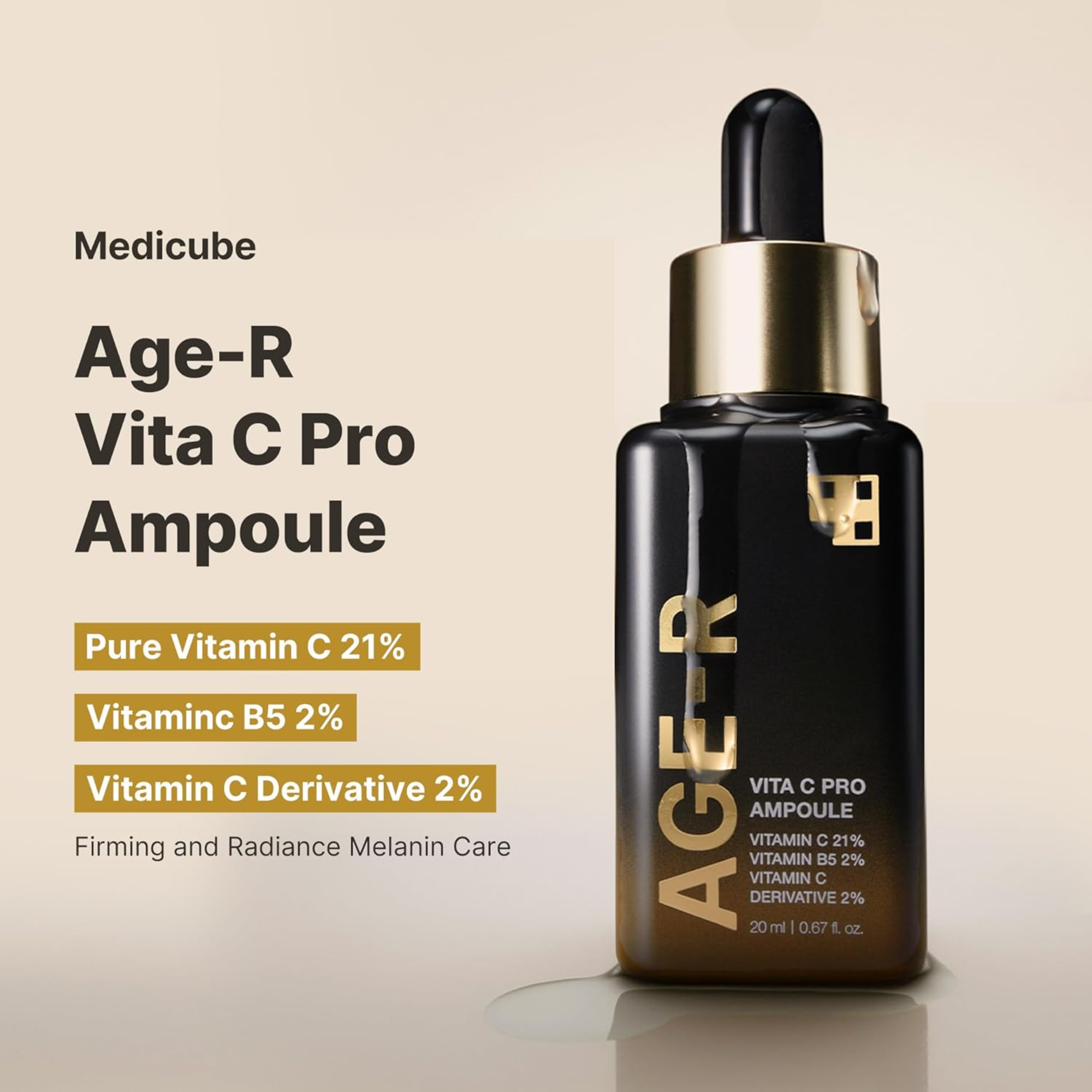 Medicube Age-R Vita C Pro Ampoule bottle with product details on a beige background