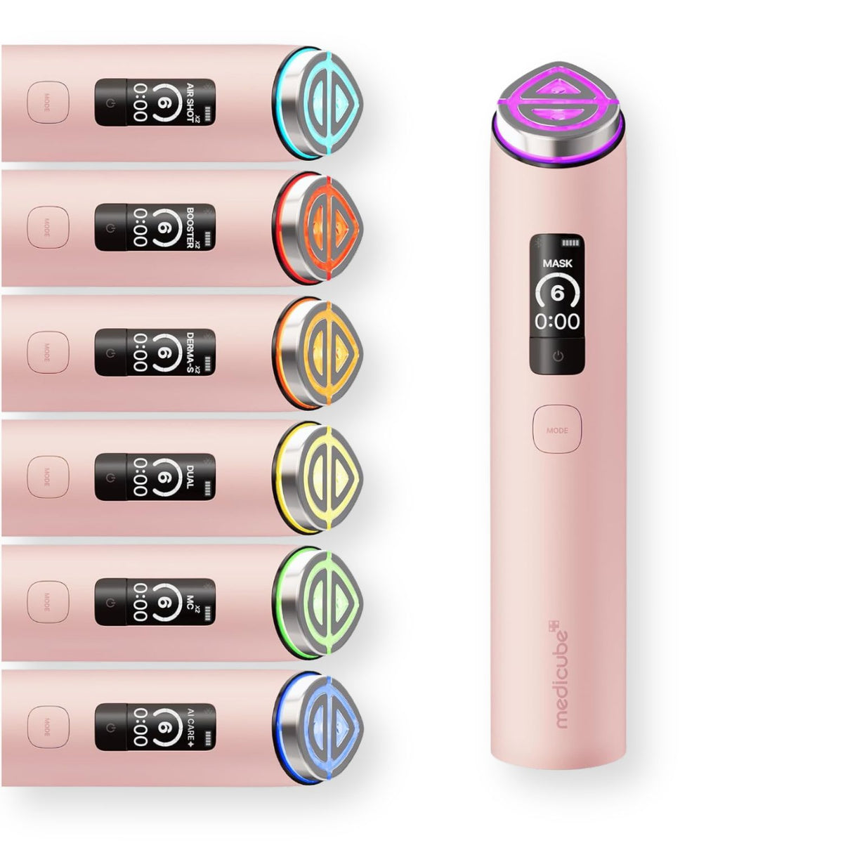A pink Meditube beauty device shown alongside six interchangeable heads, each with a different colored light ring (blue, red, orange, yellow, green, and purple). The main device features a digital display screen and a power button, while the heads are shown in a vertical row with their corresponding light colors highlighted.