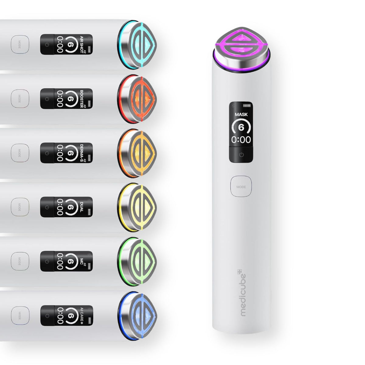 A white Medlucube beauty device shown beside six smaller device views, each with a different colored LED light ring and labeled treatment modes. The main product is white with a black display screen and a purple illuminated treatment head.