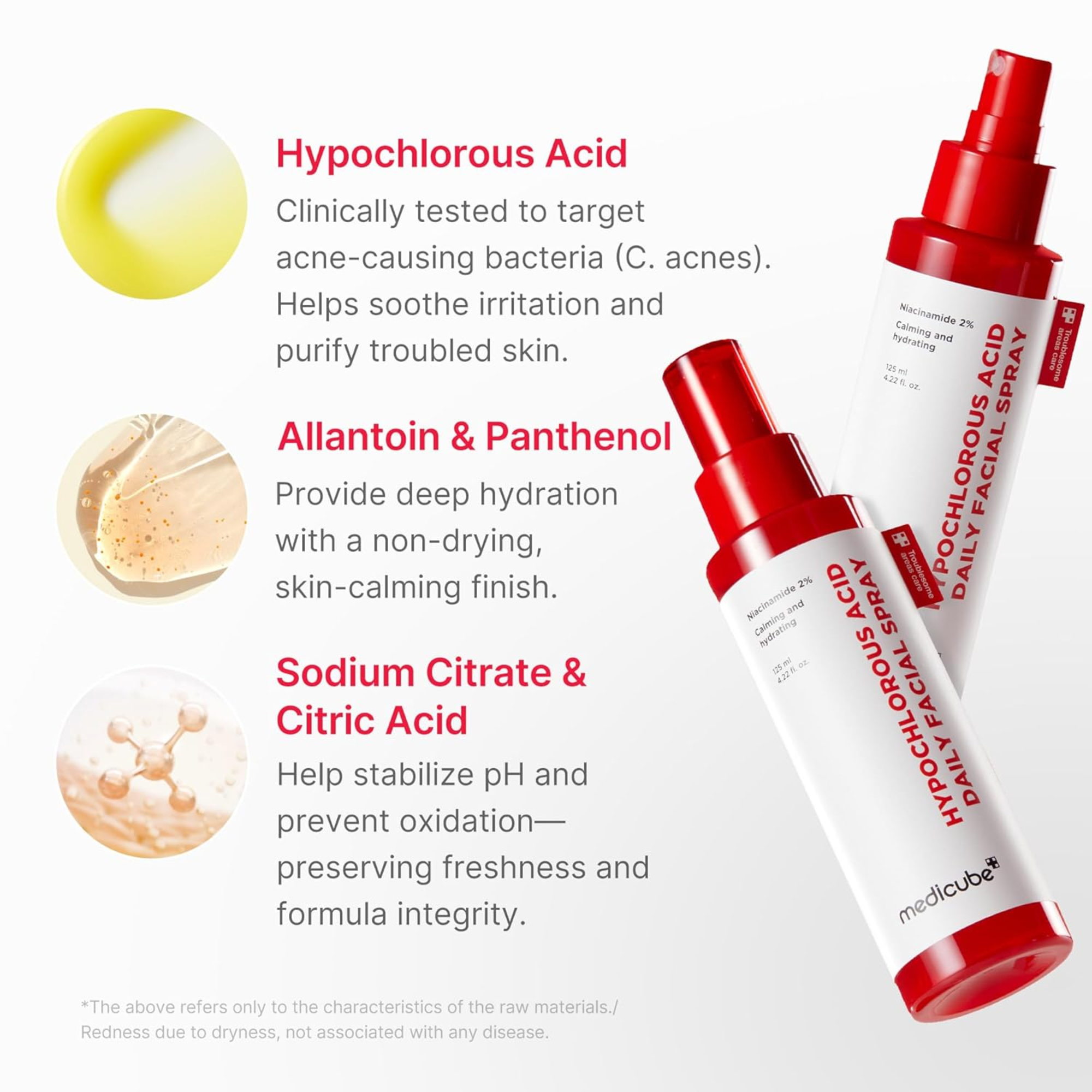 Mediclude hypochlorous acid facial spray with product details on a white background