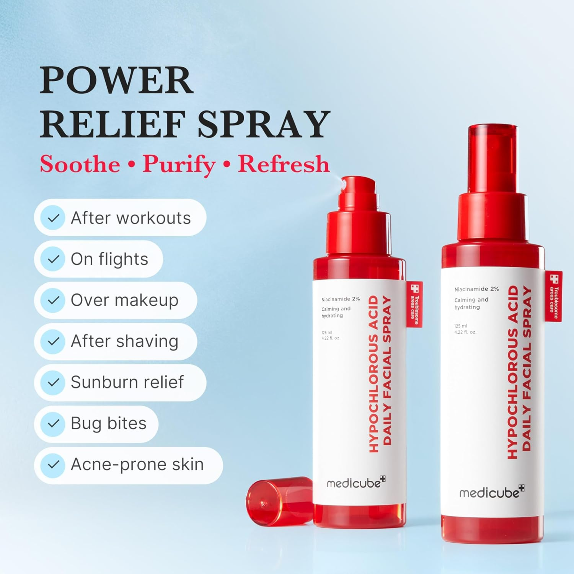 Two red and white bottles of medicube power relief spray on a light blue background with text listing uses.