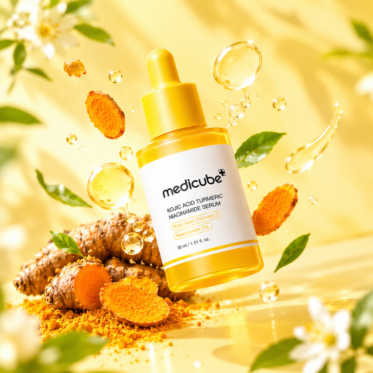 Medicube Kojic Acid Turmeric Niacinamide Serum in a golden dropper bottle, surrounded by fresh turmeric roots, sliced turmeric, green leaves, and white flowers on a warm yellow background.