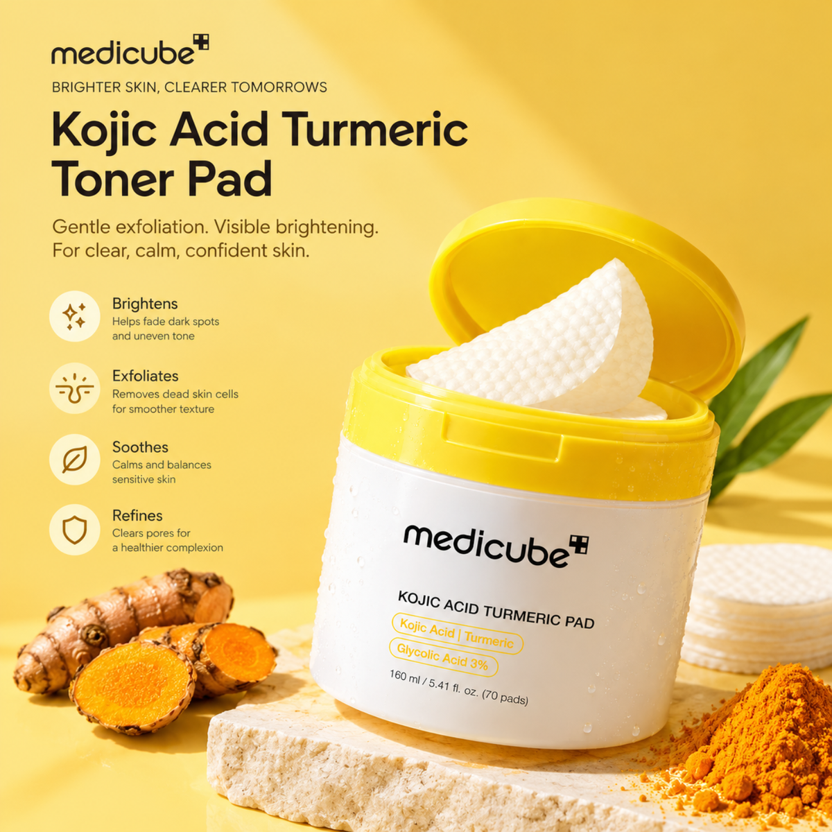 Medicube Kojic Acid Turmeric Toner Pad in a white jar with a yellow lid, shown with turmeric root and powder on a yellow background with product benefits listed on the left.