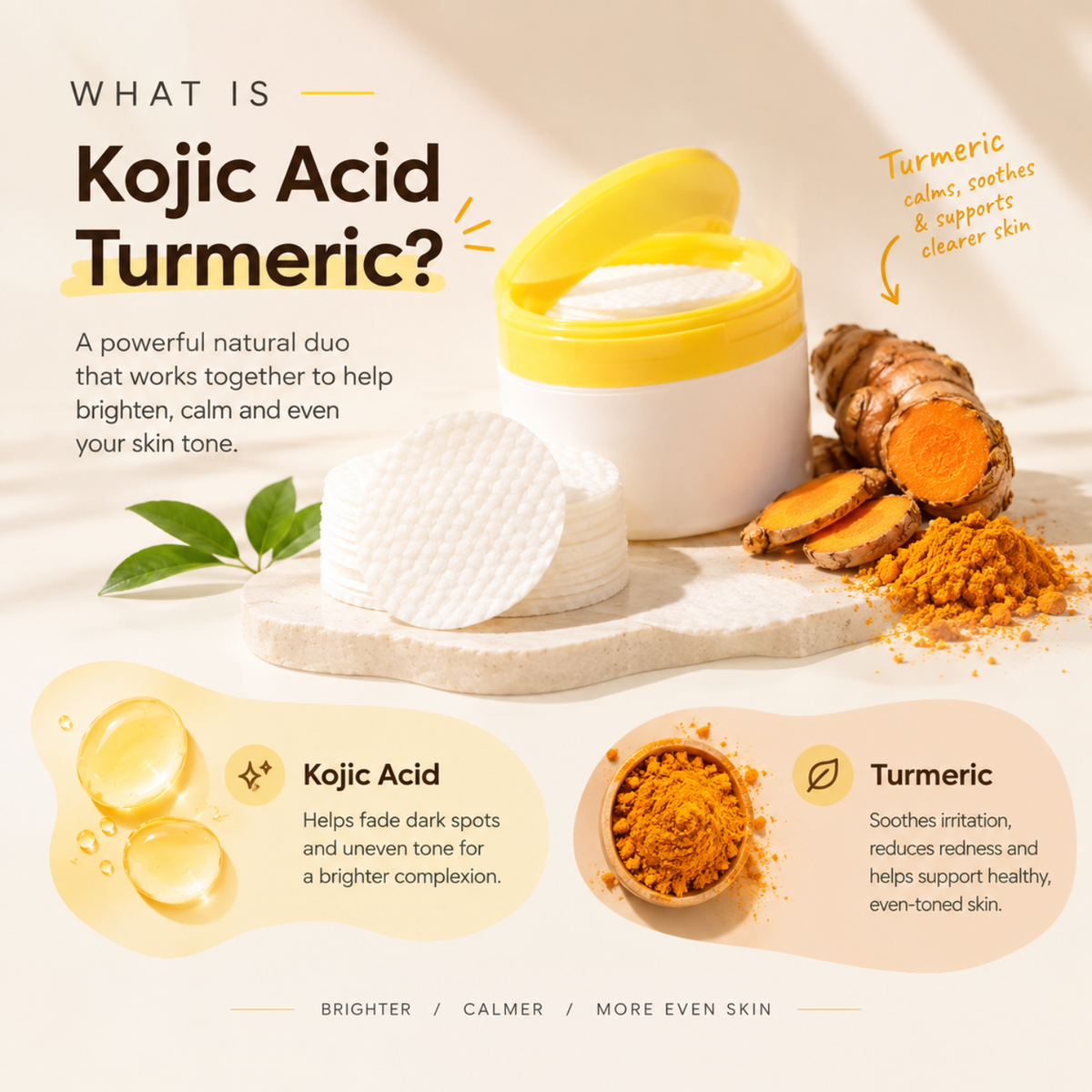An informational beauty graphic about Kojic Acid and Turmeric. It shows a white cosmetic jar with a yellow lid, a round white sponge, turmeric root slices, a pile of orange turmeric powder, and text explaining the benefits of both ingredients on a warm beige background.