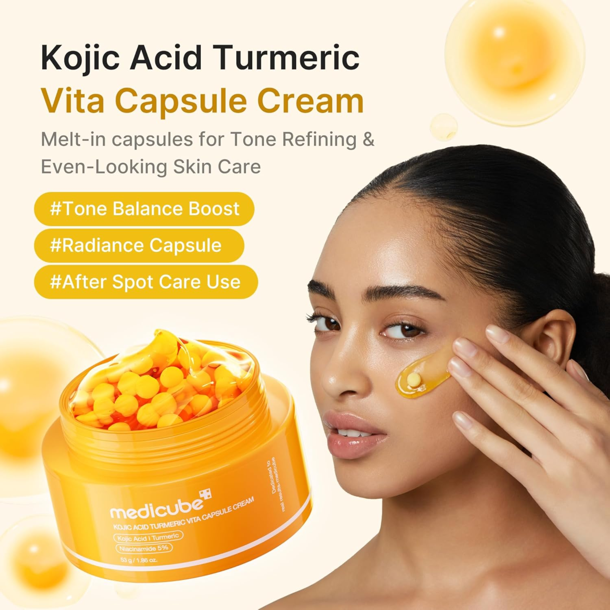 Kojic Acid Turmeric Vita Capsule Cream with a jar and capsules, featuring a woman applying the cream.