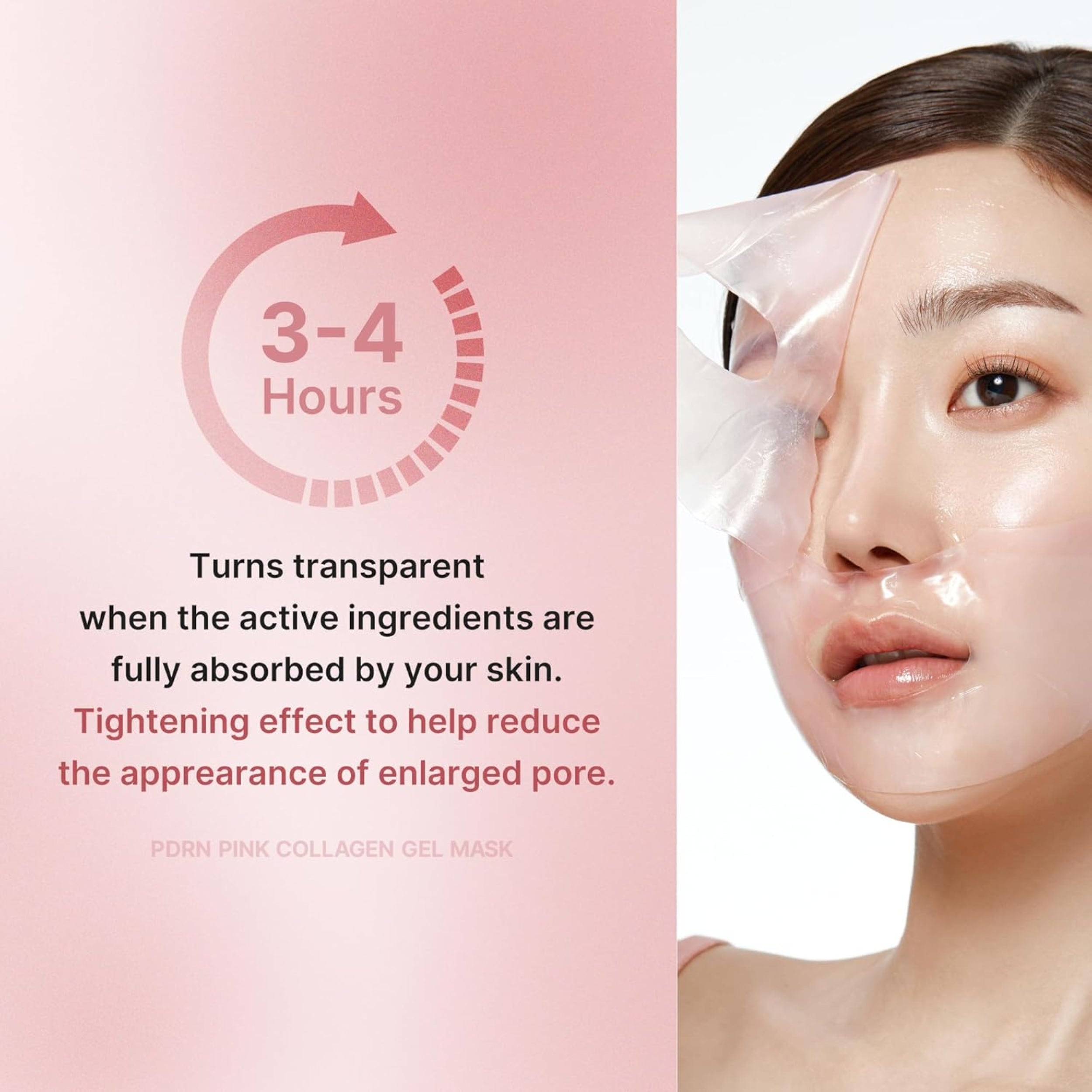 Pink collagen gel mask with text on a pink background, featuring a woman wearing the mask.