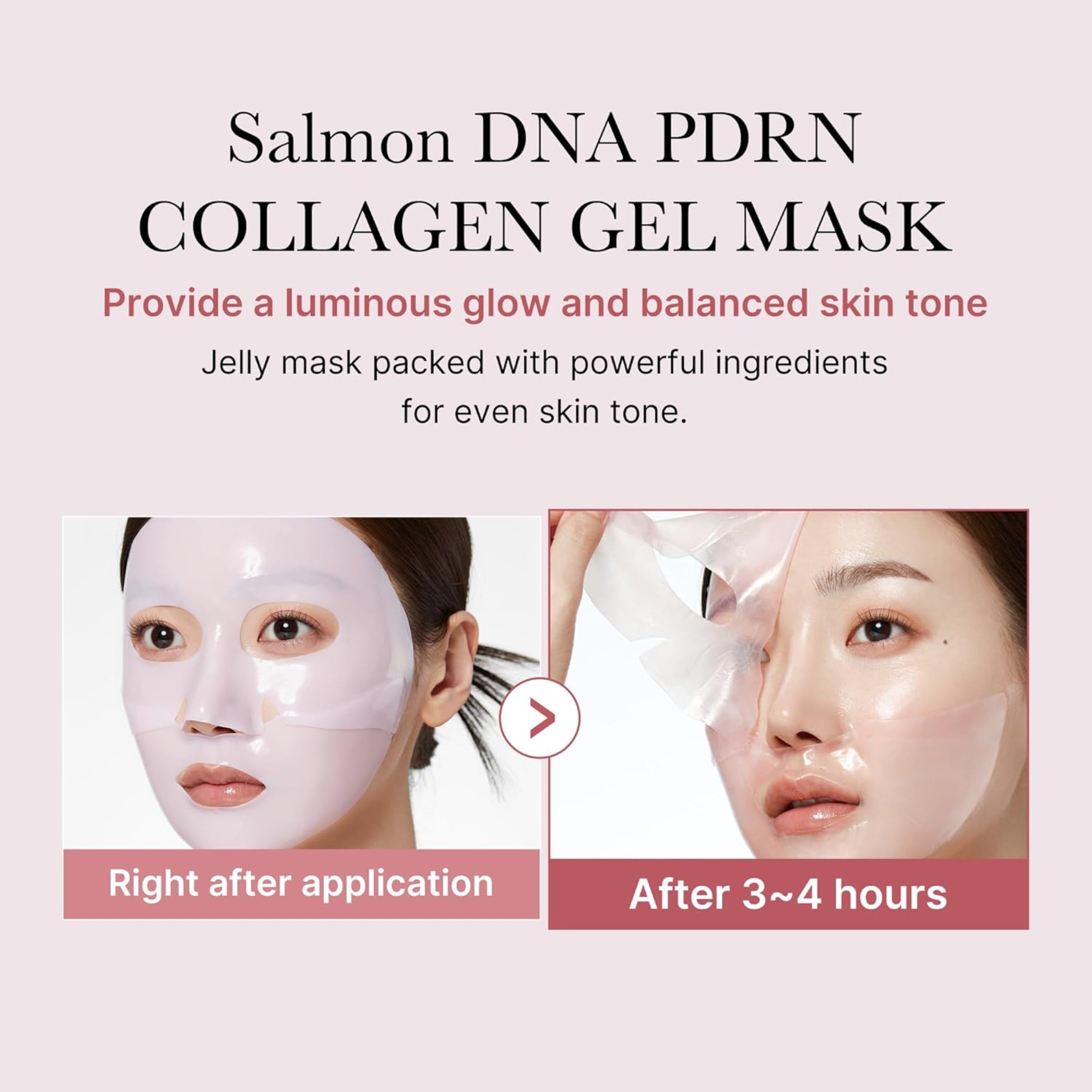 Salmon DNA PDRN Collagen Gel Mask advertisement with before and after effects on skin.