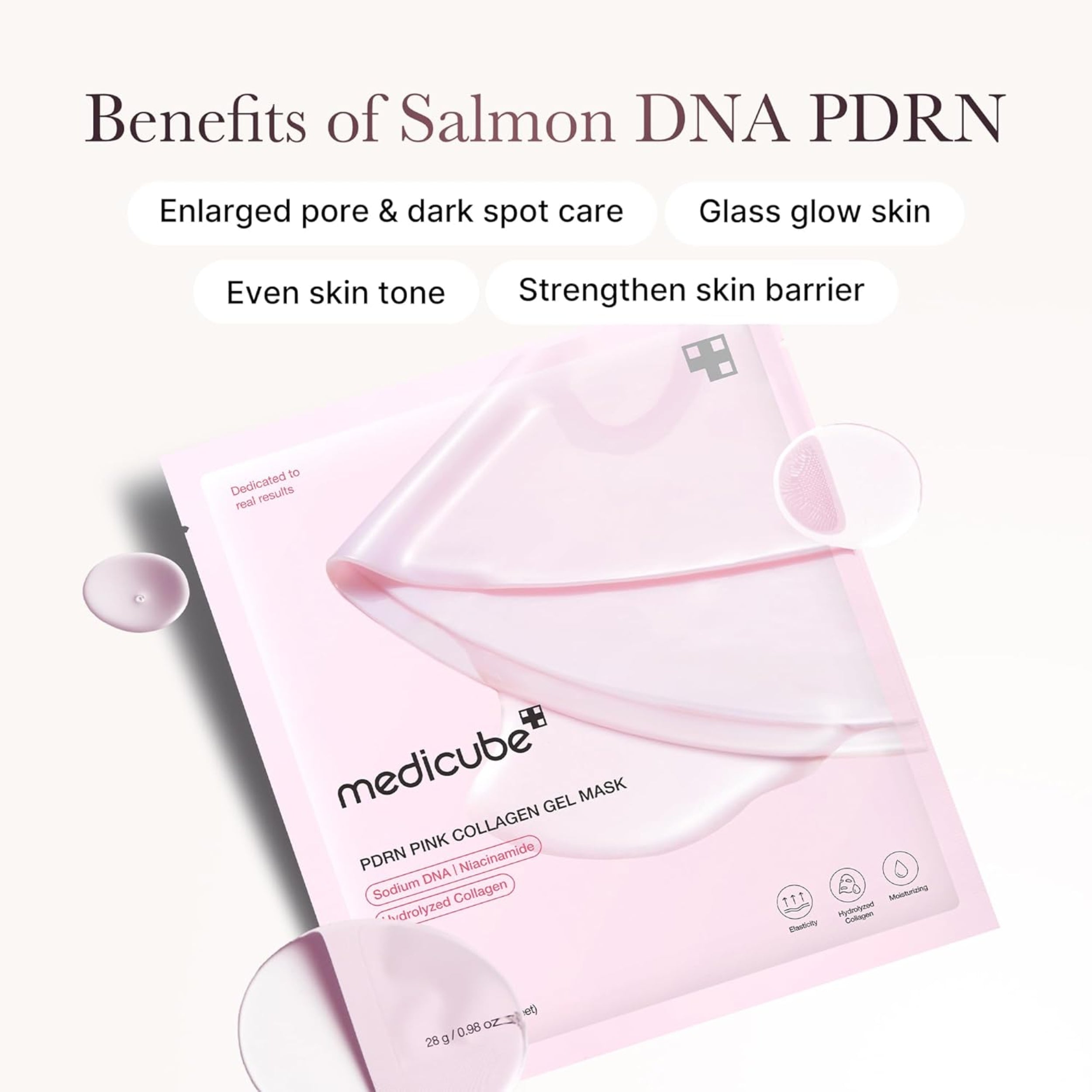 Pink collagen gel mask packaging with text highlighting benefits on a white background