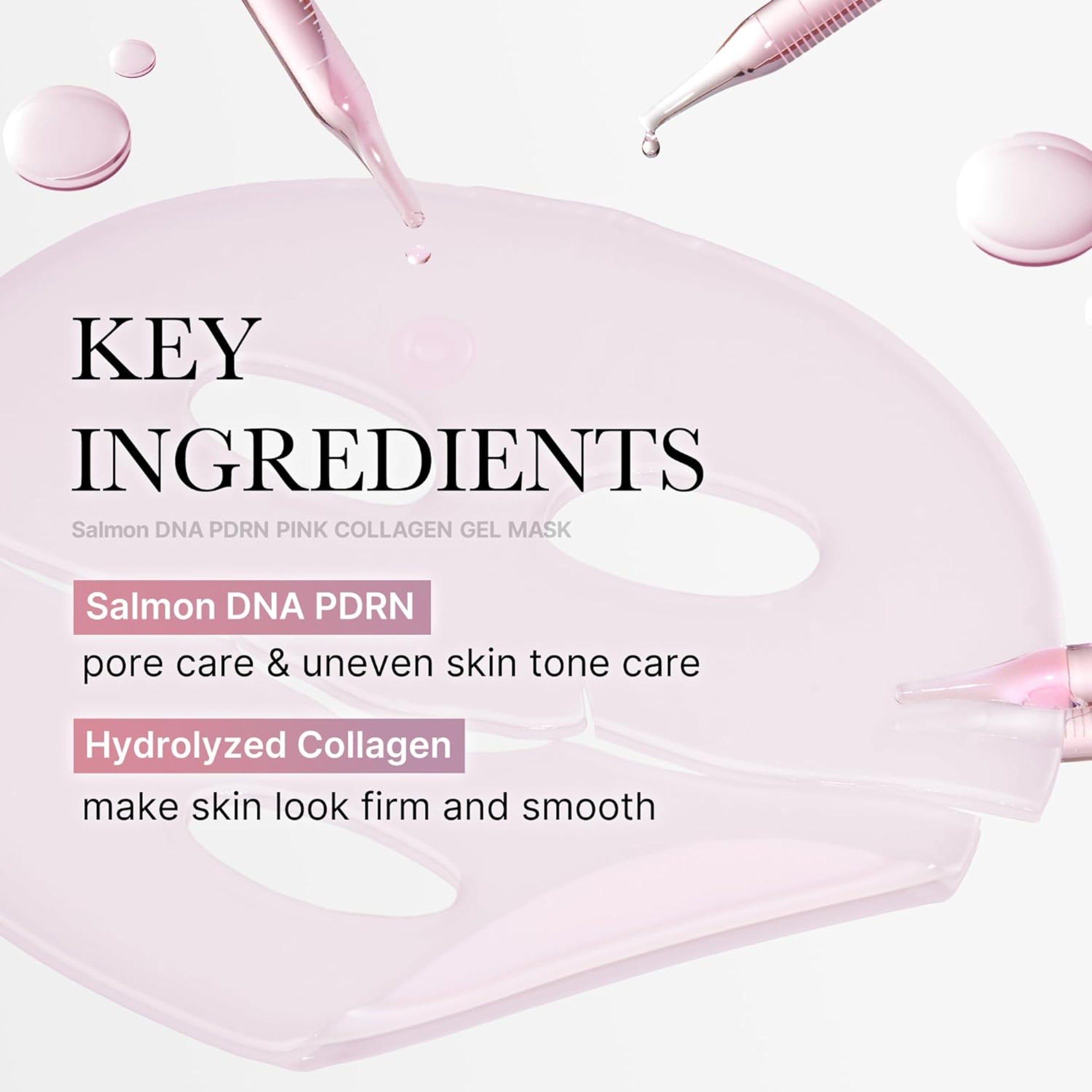 Salmon DNA PDRN pink collagen gel mask with key ingredients text on a light pink background