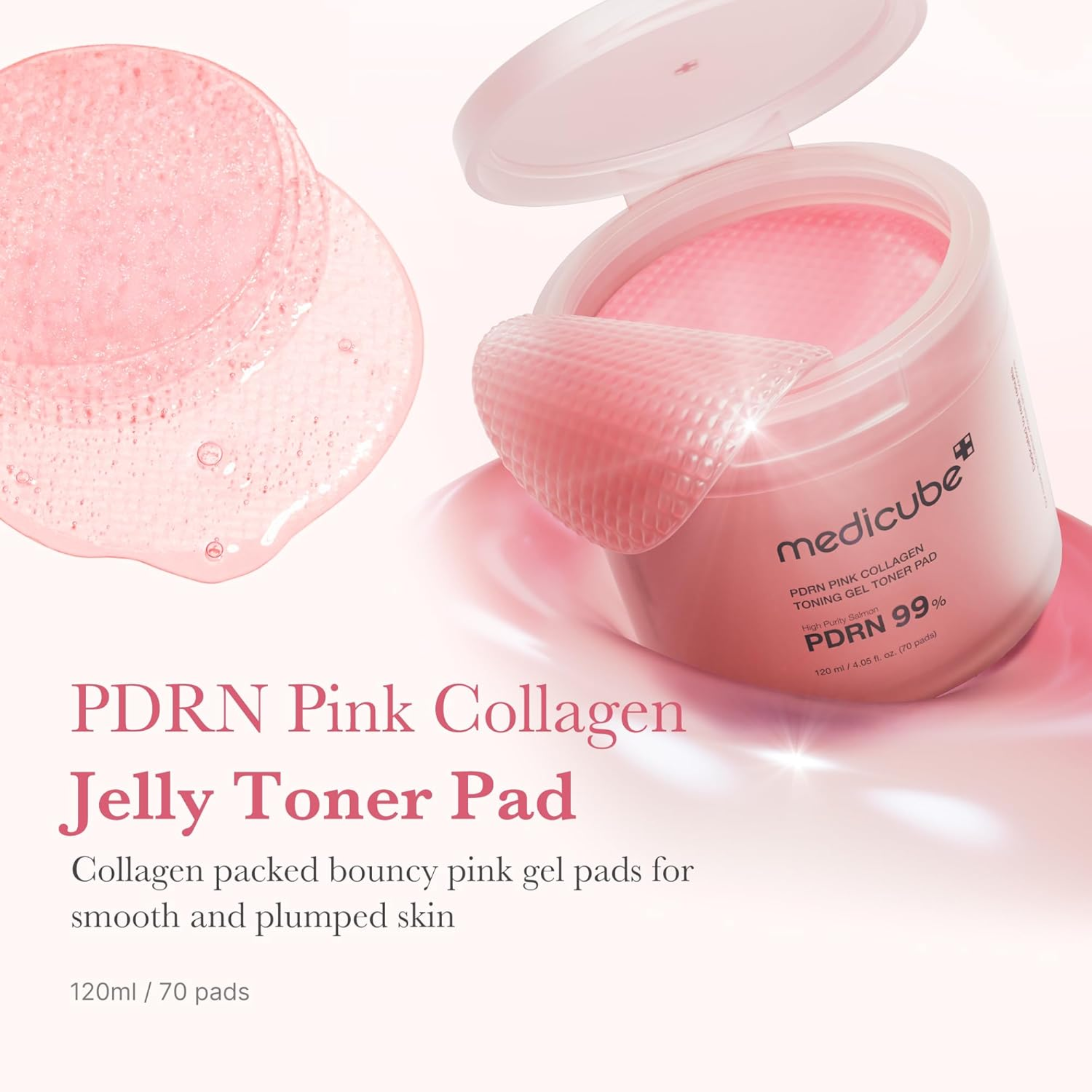 Pink collagen jelly toner pad with packaging on a white background