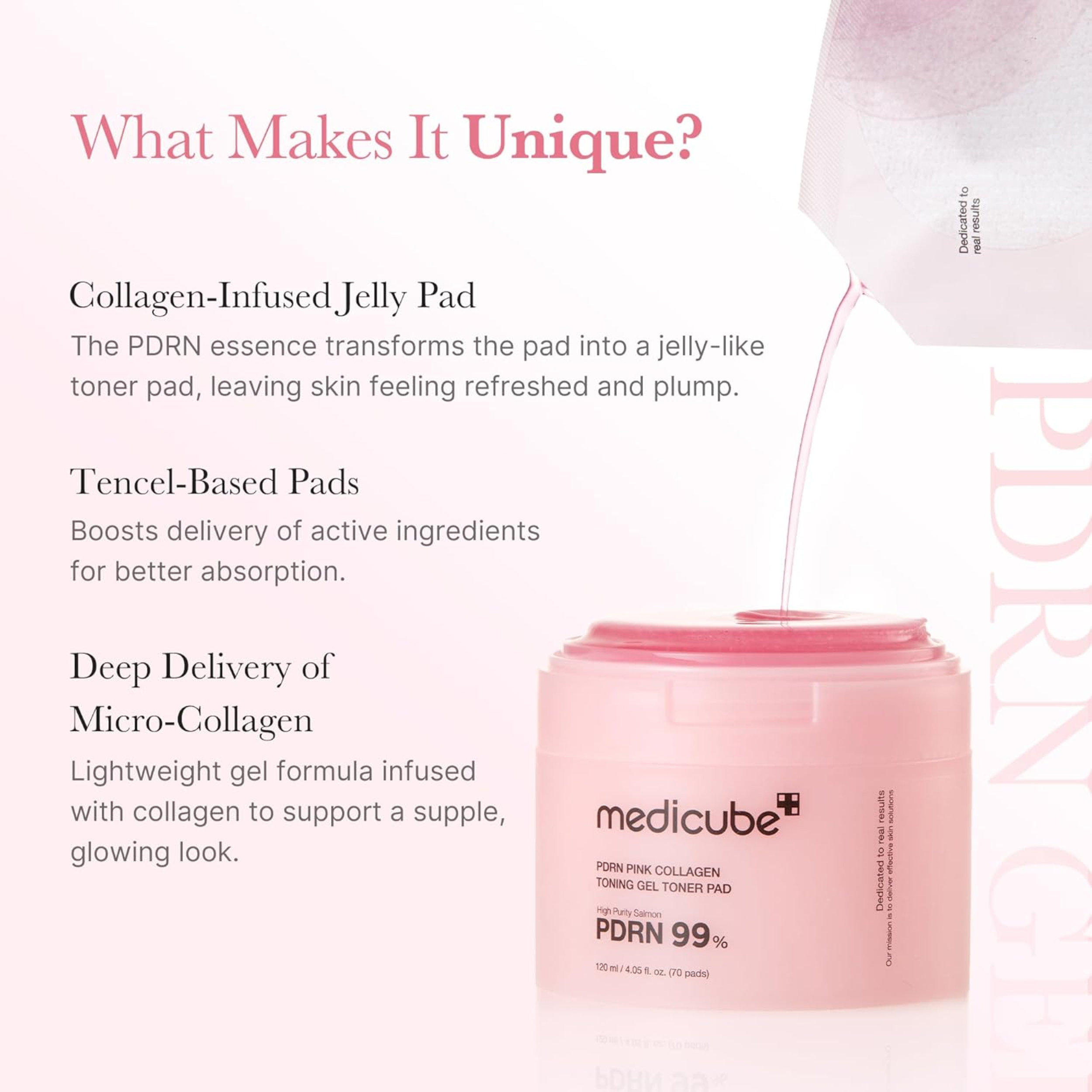 Pink packaging of Medicube PDRN 99% with text on unique features