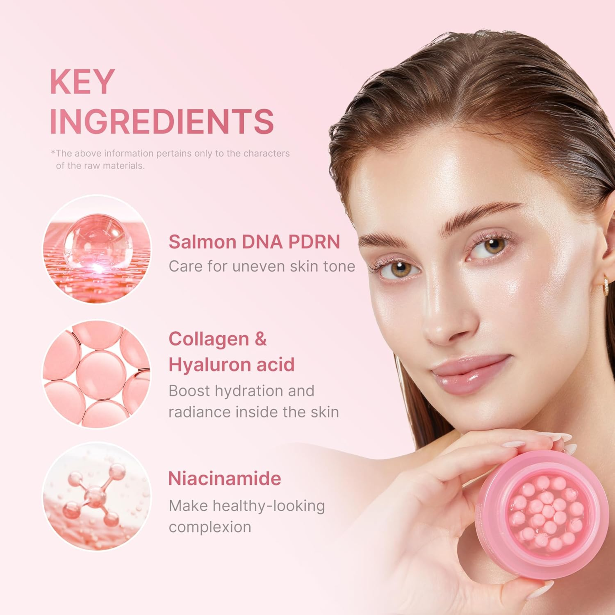 Woman holding a pink skincare device with key ingredients listed on a pink background