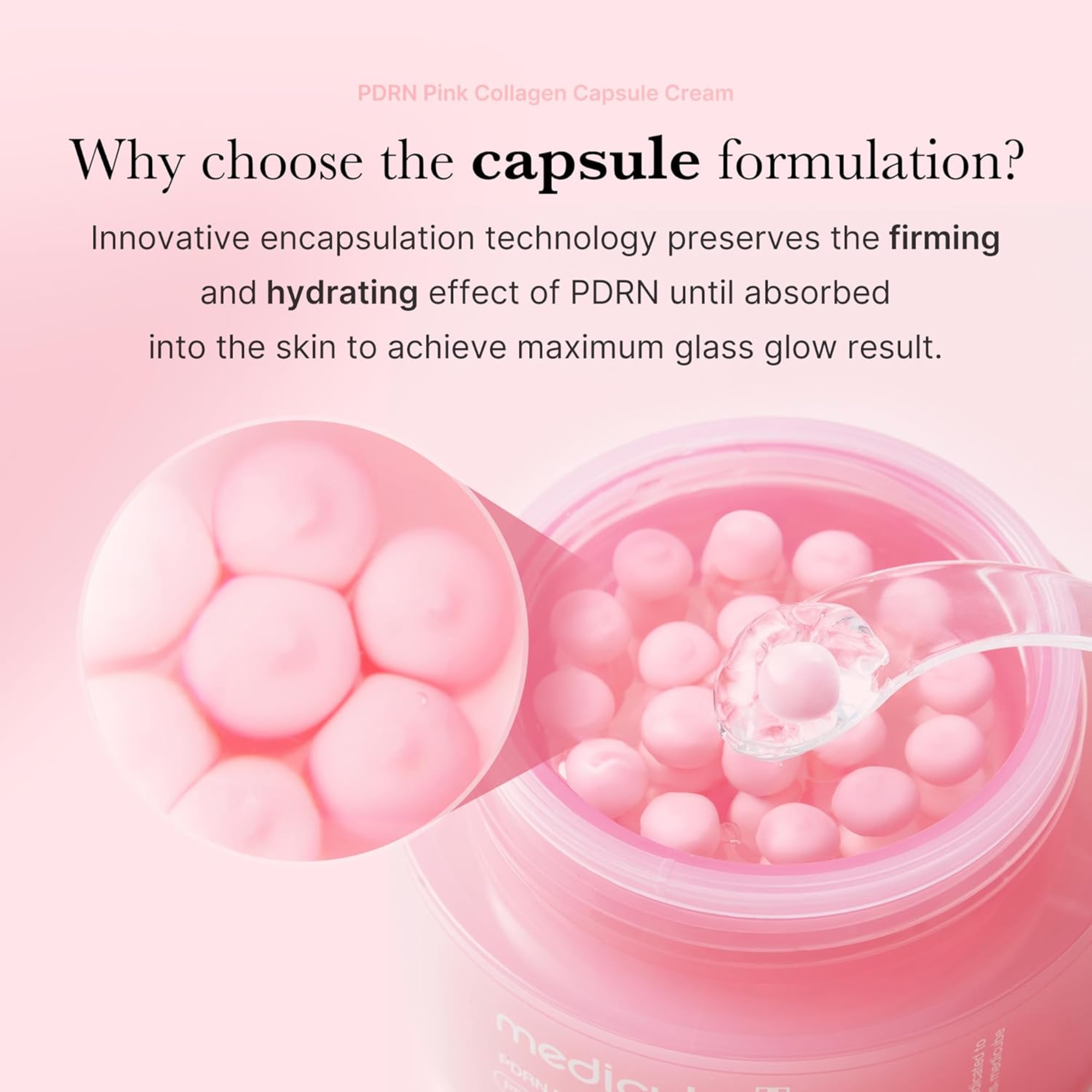 Pink collagen capsule cream with text explaining its benefits on a pink background