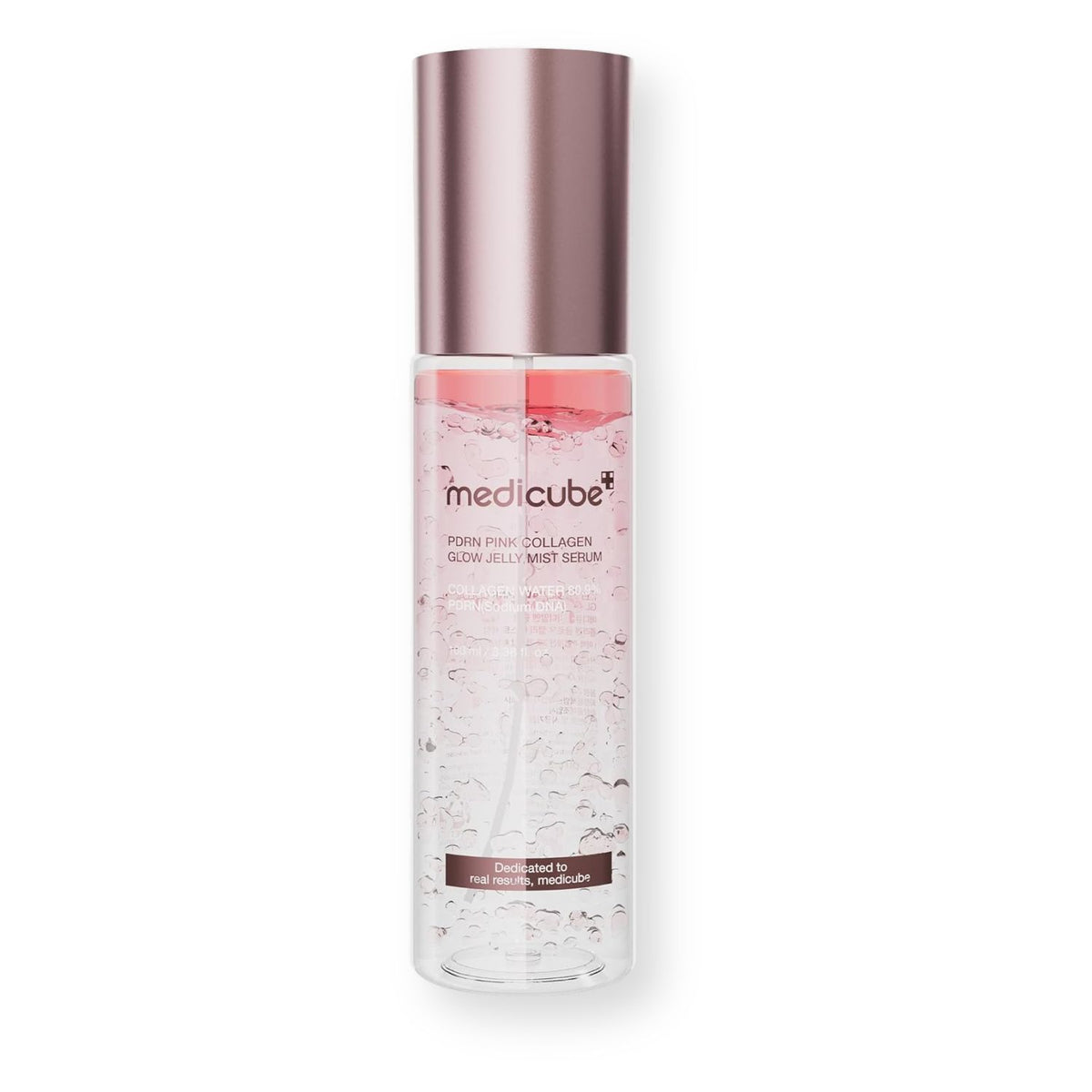 Medicube PDRN FILL COLLAGEN GLOW JUVULI MOIST SERUM in a clear cylindrical bottle with a metallic rose gold cap, shown on a white background.