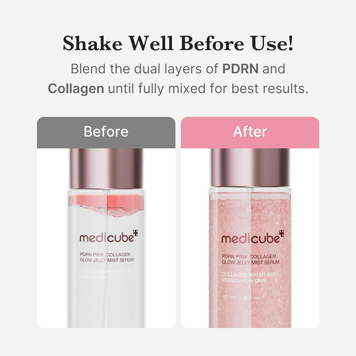 Medicube Pore Pink Collagen Glow Jelly Mist Serum with 'Before' and 'After' comparison on a white background.