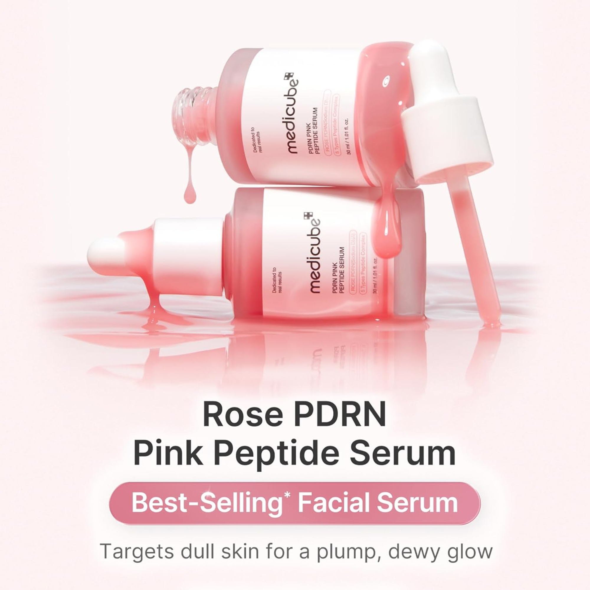 Medicube Rose PDRN Pink Peptide Serum bottles with droppers on a white background