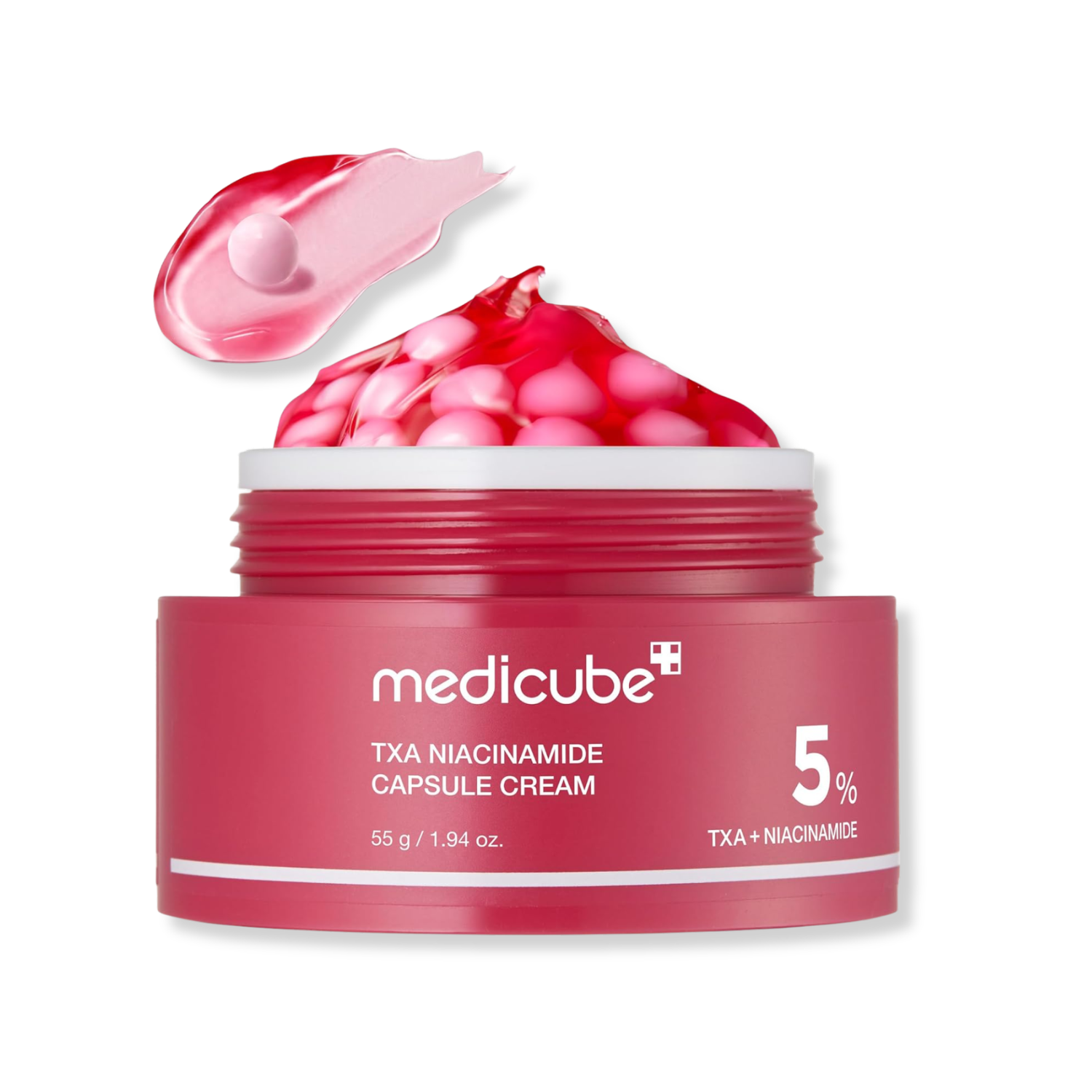 Red jar of Medicube TXA Niacinamide Capsule Cream with pink cream and capsules on a white background