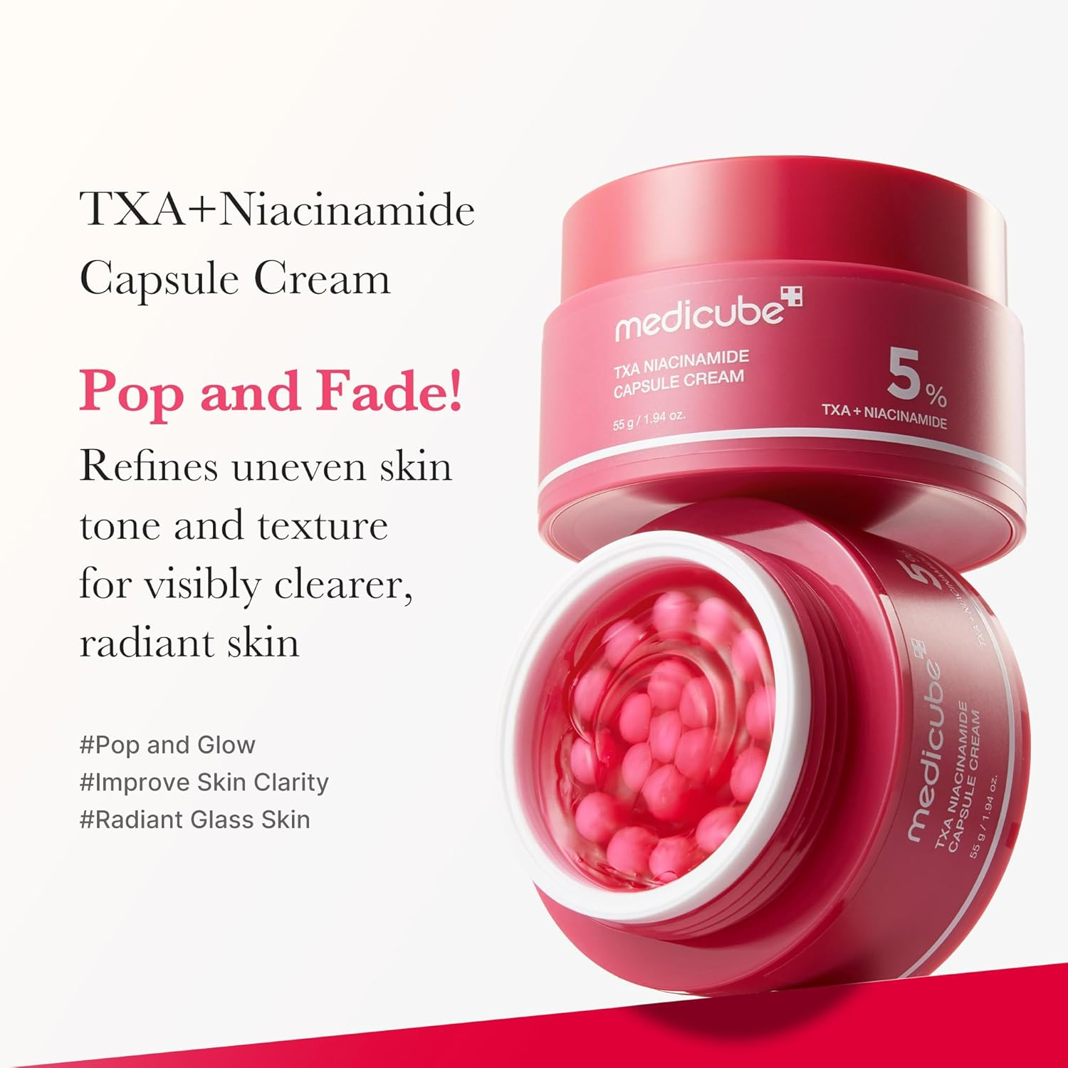 Red jar of Medicube TXA+Niacinamide Capsule Cream with text on a white background