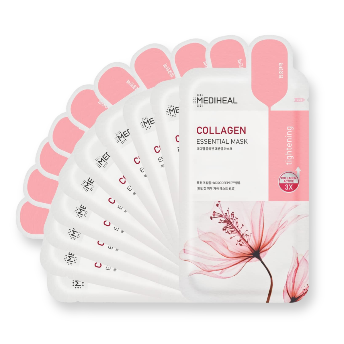A fan arrangement of MEDIHEAL Collagen Essential Mask sachets, showing the white and pink packaging with a pink hibiscus flower illustration on a clean white background.