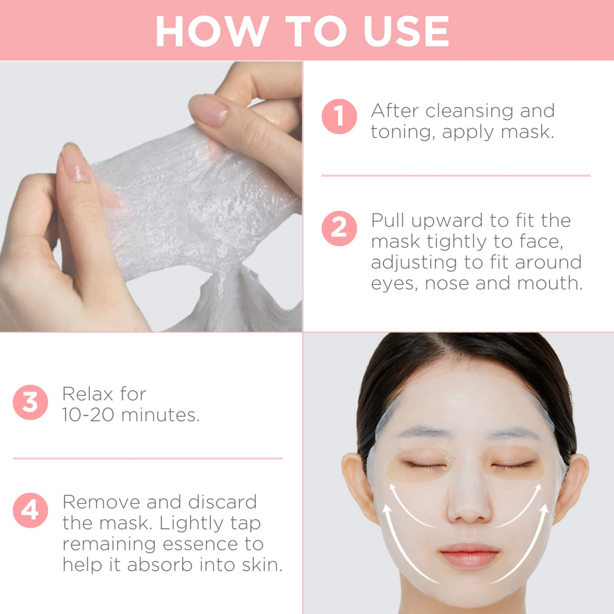 Instructions on how to use a facial mask with step-by-step guidance and images.