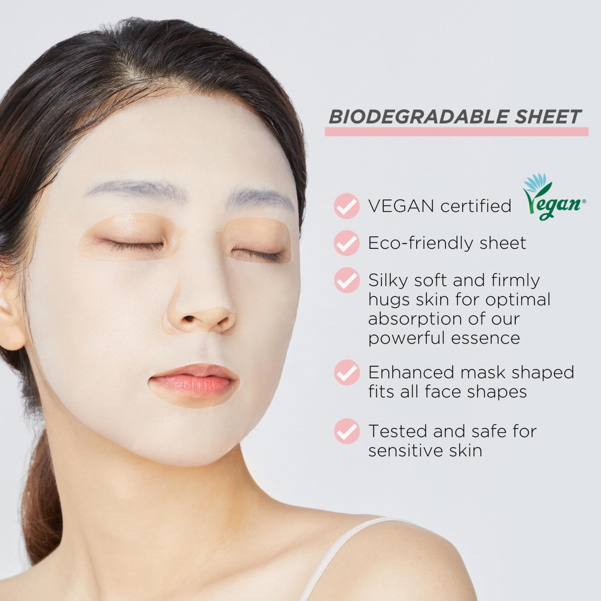Woman wearing a biodegradable face mask with product features listed on the right.