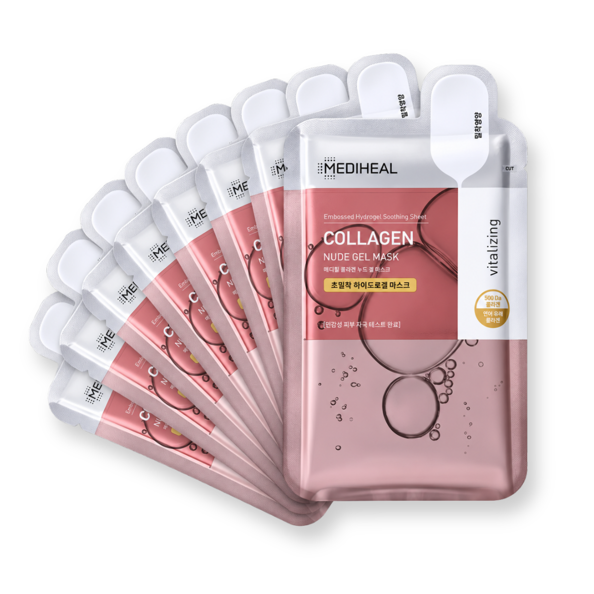 A fan arrangement of MEDIHEAL Collagen Nude Gel Mask sachets in a pink and rose gold color scheme, set against a solid white background.