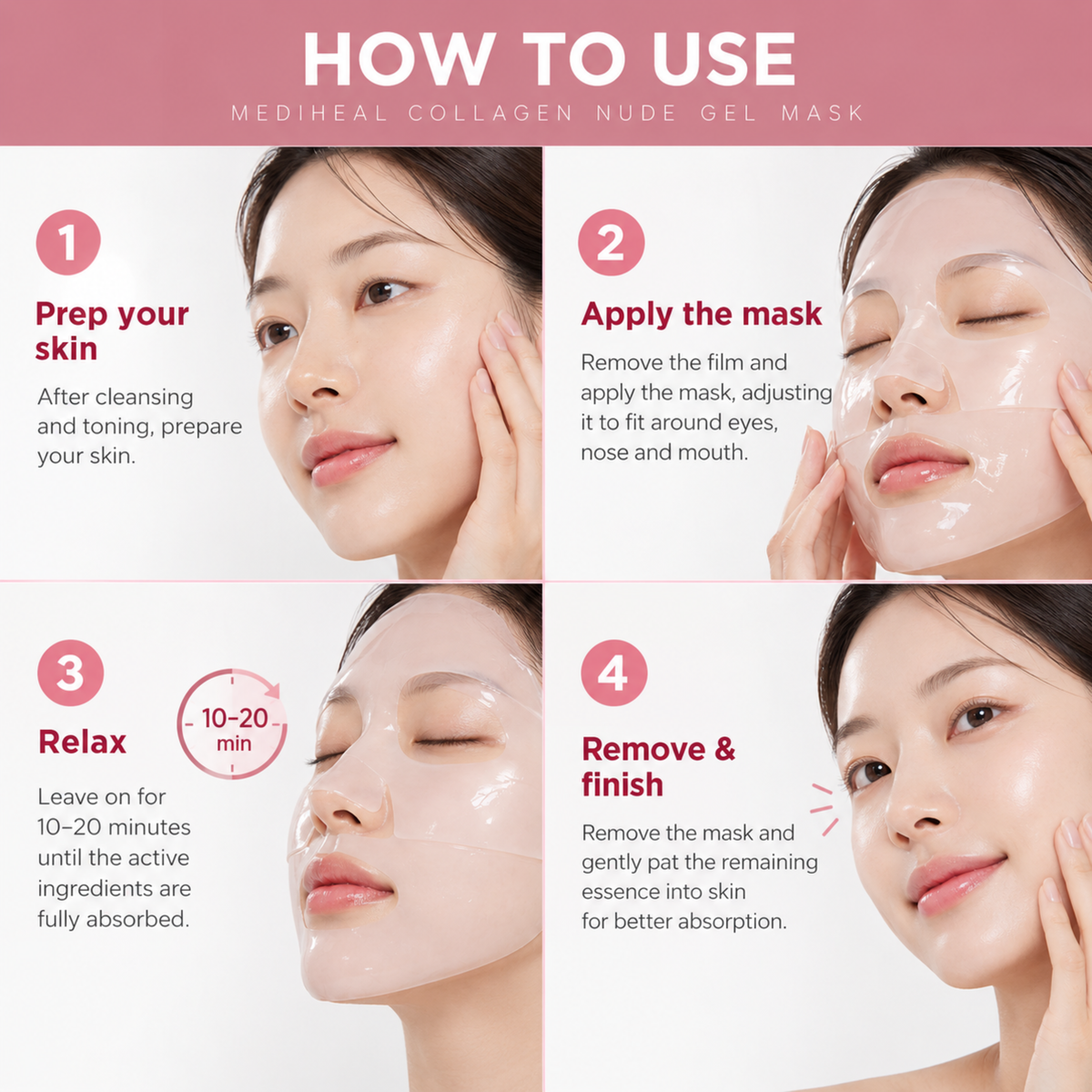 A four-step instructional graphic titled 'HOW TO USE' for Mediheal Collagen Nude Gel Mask, showing a woman's face in each panel with text instructions for skin prep, applying the mask, relaxing, and removing the mask.