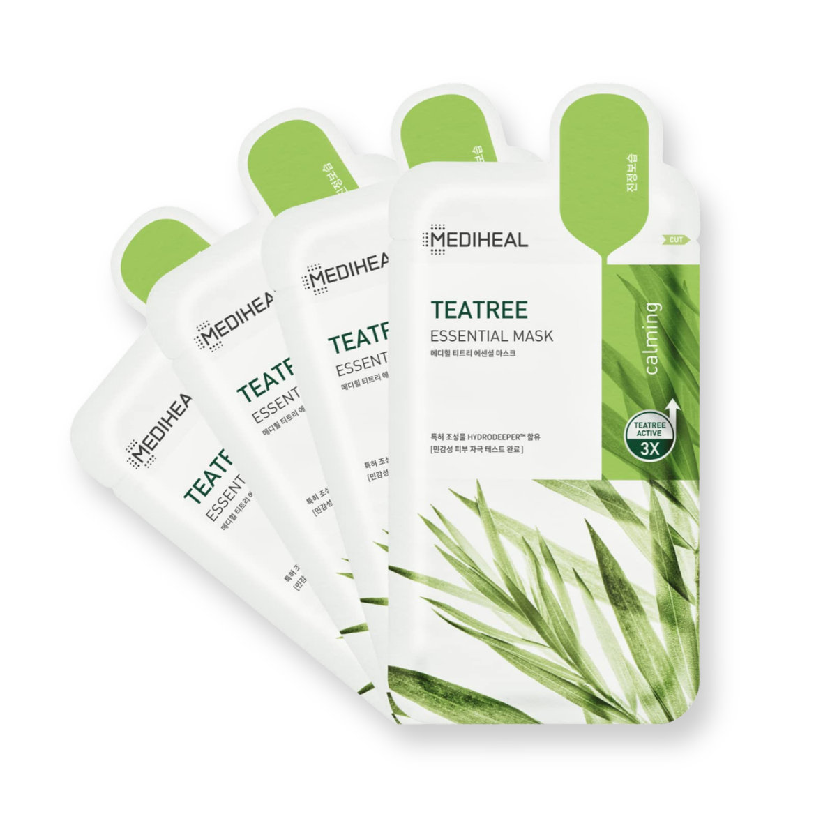 Four Mediheal TeaTree Essential Mask pouches arranged in a fan shape on a clean white background, with the front pouch showing green leaf graphics and a calming label.