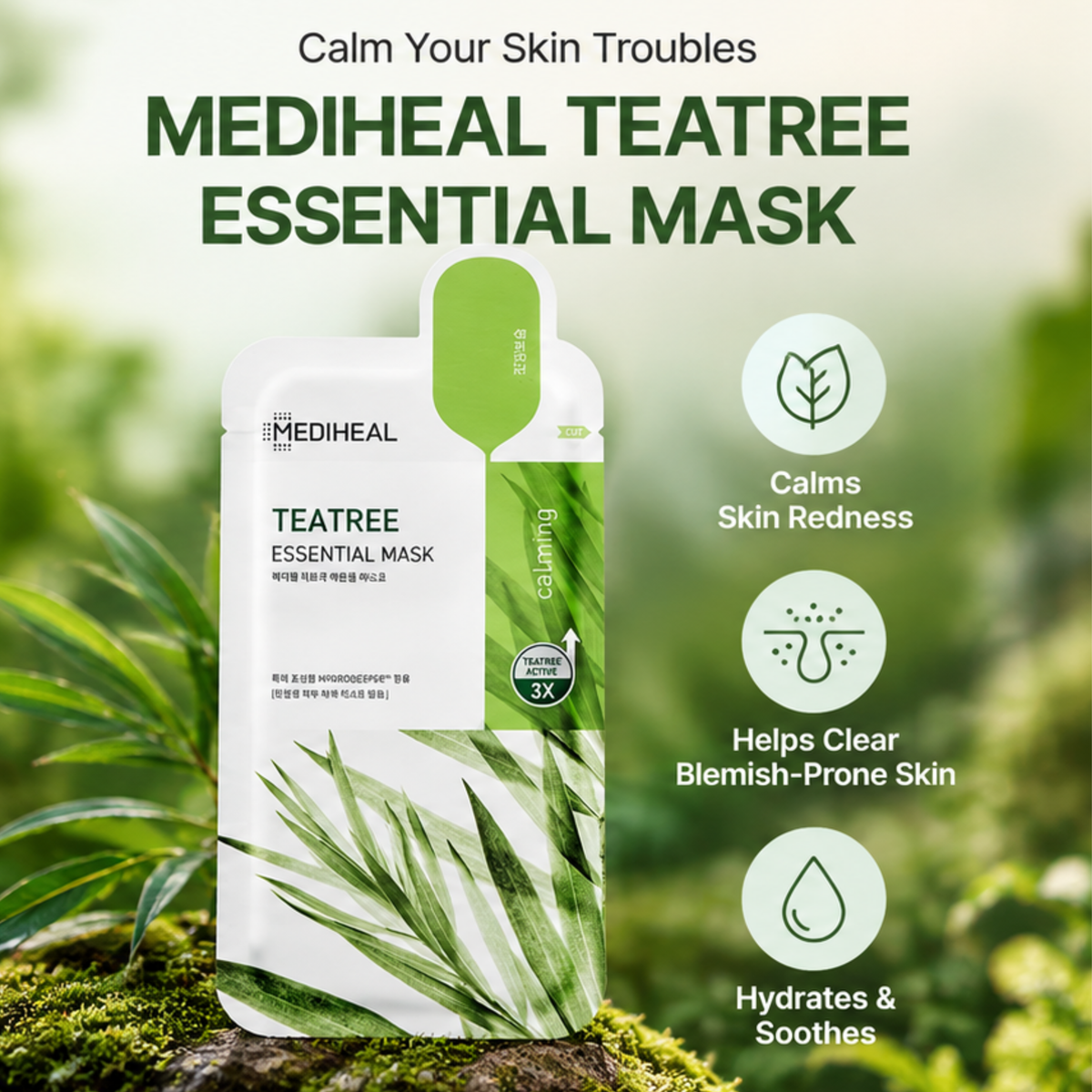 Mediheal Teatree Essential Mask pouch shown outdoors on mossy wood with green foliage in the background. The package is white and green with leaf graphics, and the image includes marketing text and benefit icons for calming skin redness, clearing blemish-prone skin, and hydration.