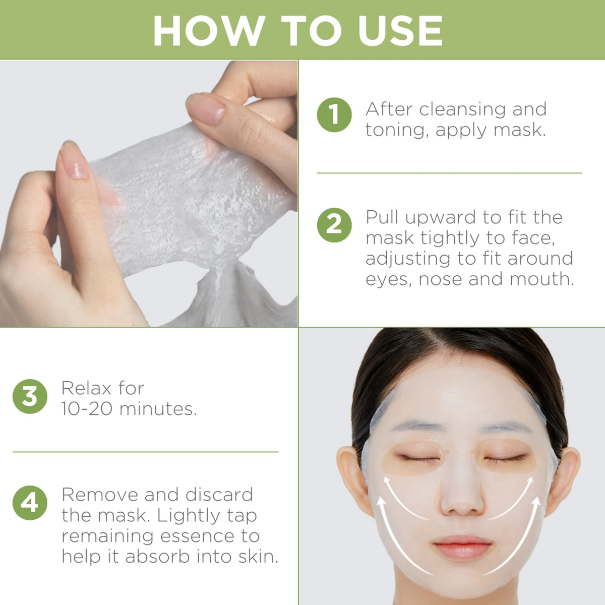 Instructions on how to use a facial mask with text and images of hands applying the mask and a person wearing it.