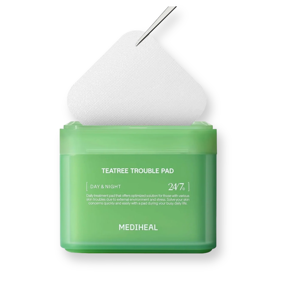 Mediheal 24/7 Teatree Trouble Pad shown with its green container open, revealing a white teardrop-shaped pad with a metal applicator tip, on a clean white background.