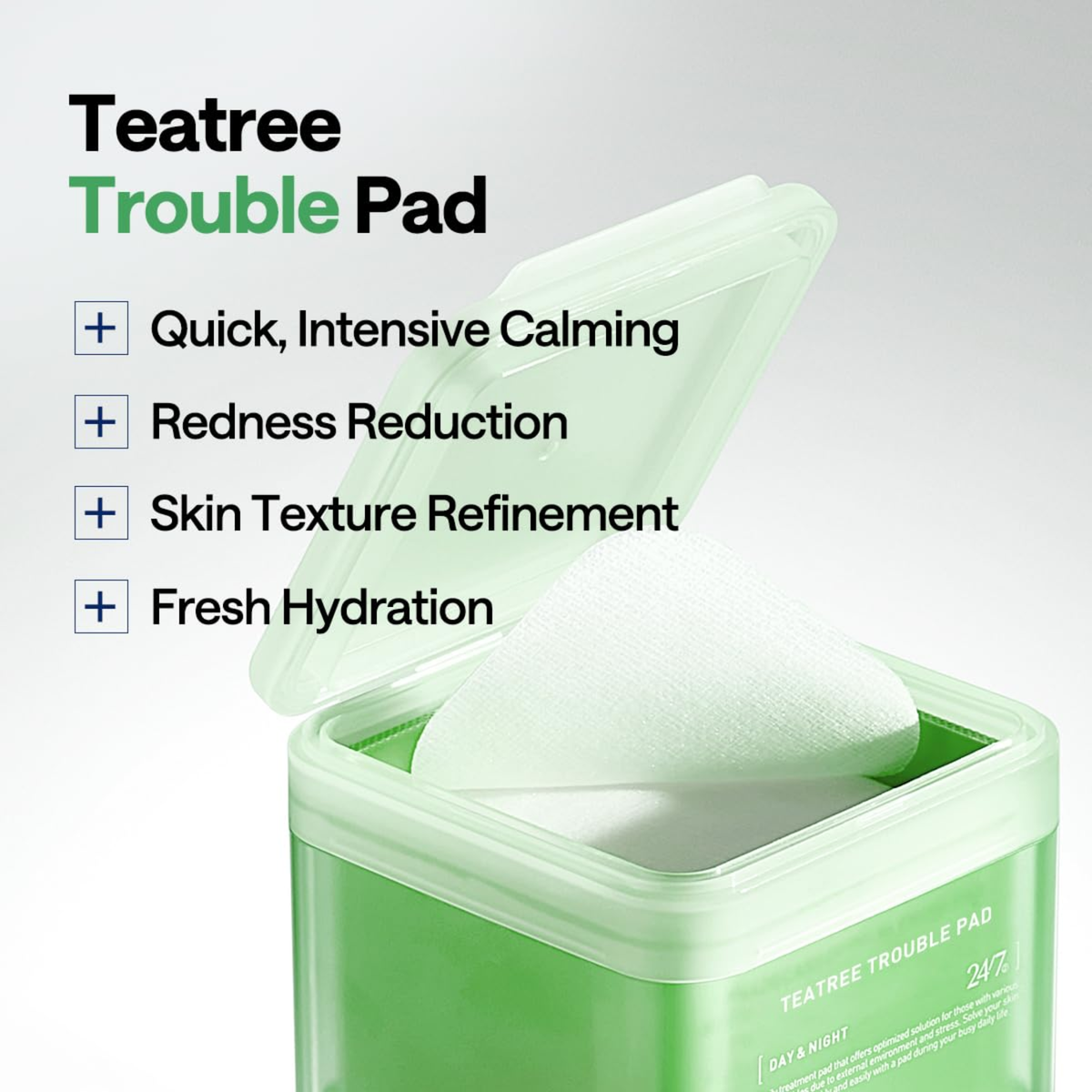 Tea tree trouble pad packaging with text highlighting benefits on a white background