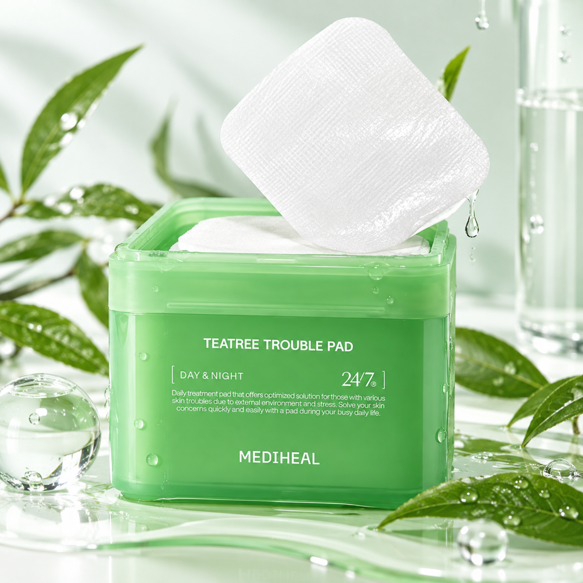 Mediheal Teatree Trouble Pad in a translucent green square container with a white pad pulled out from the top, surrounded by green leaves, water droplets, and a glass of water.