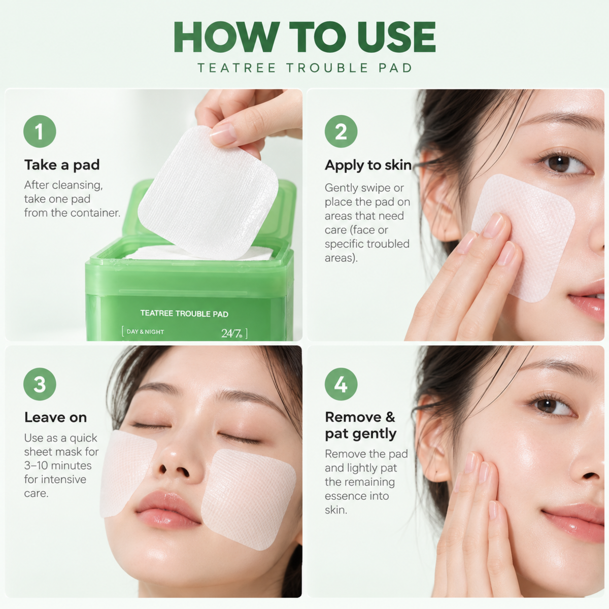 Four-panel how-to diagram showing how to use a green Teatree Trouble Pad sheet mask container and individual pads on a model's face, with text instructions and product branding.